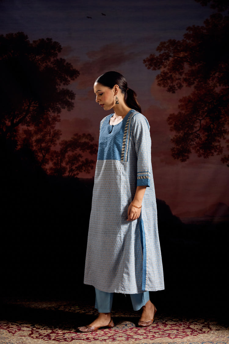 Adya Cotton Slub Printed Kurta Sky Blue (Set Of 3)