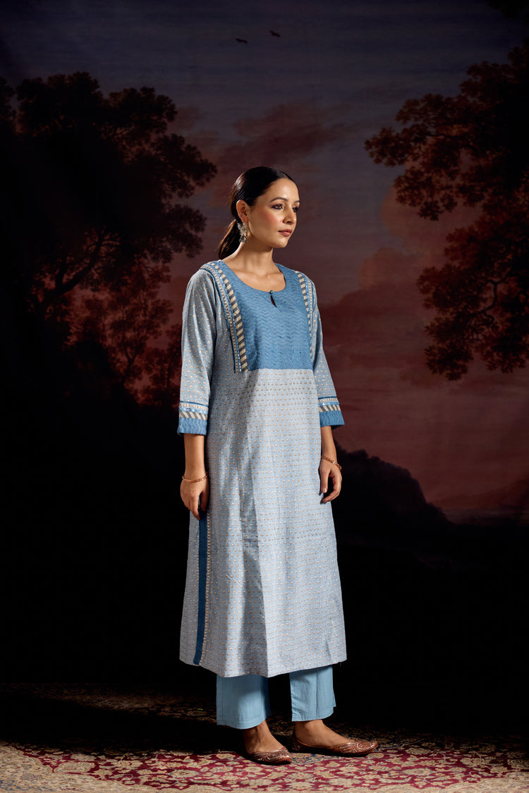 Adya Cotton Slub Printed Kurta Sky Blue (Set Of 3)