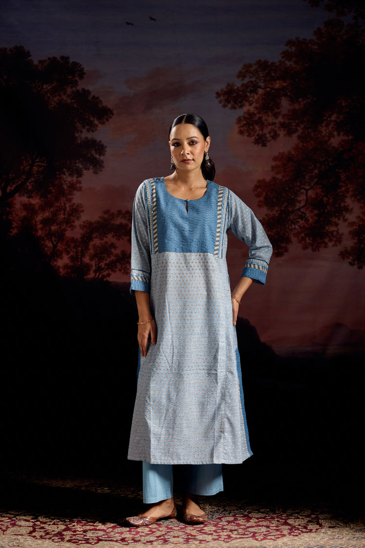 Adya Cotton Slub Printed Kurta Sky Blue (Set Of 3)