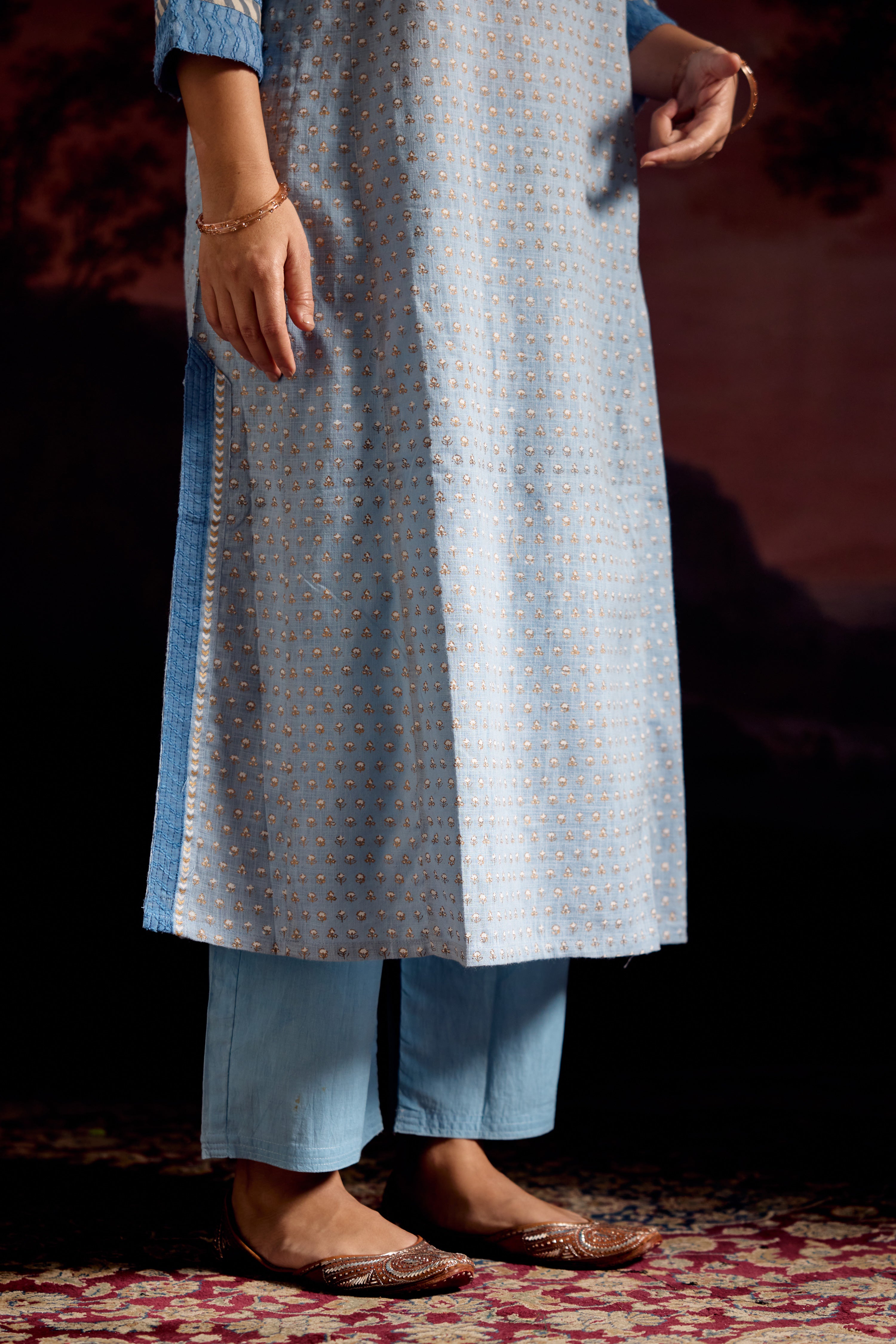 Adya Cotton Slub Printed Kurta Sky Blue (Set Of 3)