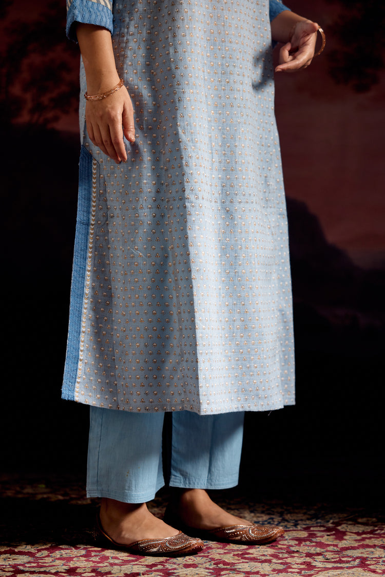Adya Cotton Slub Printed Kurta Sky Blue (Set Of 3)