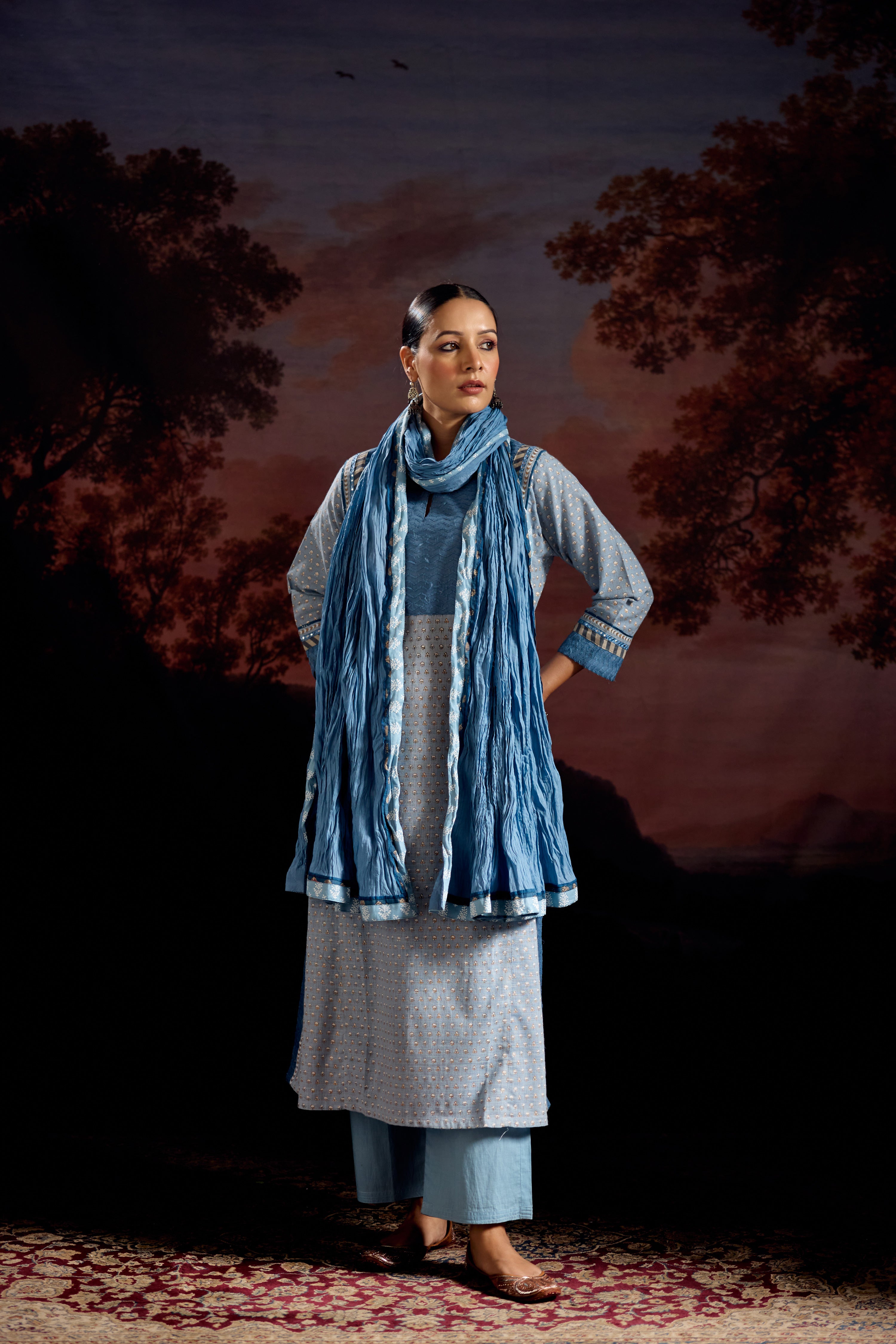 Adya Cotton Slub Printed Kurta Sky Blue (Set Of 3)