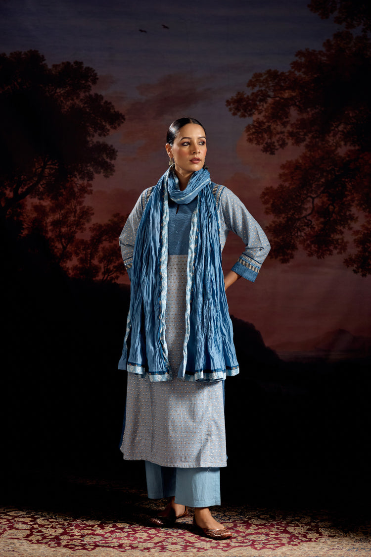 Adya Cotton Slub Printed Kurta Sky Blue (Set Of 3)