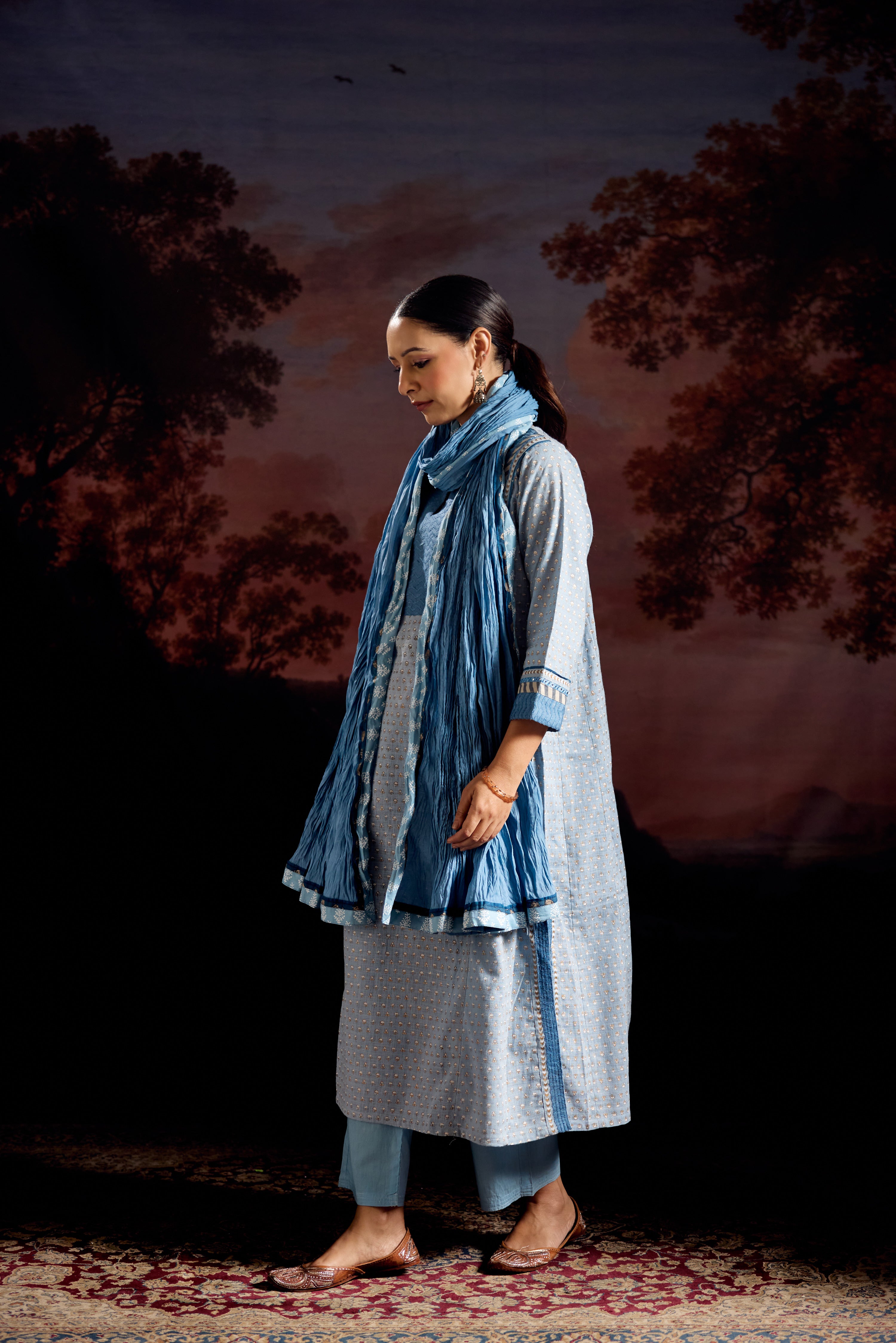 Adya Cotton Slub Printed Kurta Sky Blue (Set Of 3)