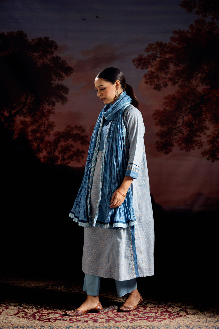 Adya Cotton Slub Printed Kurta Sky Blue (Set Of 3)
