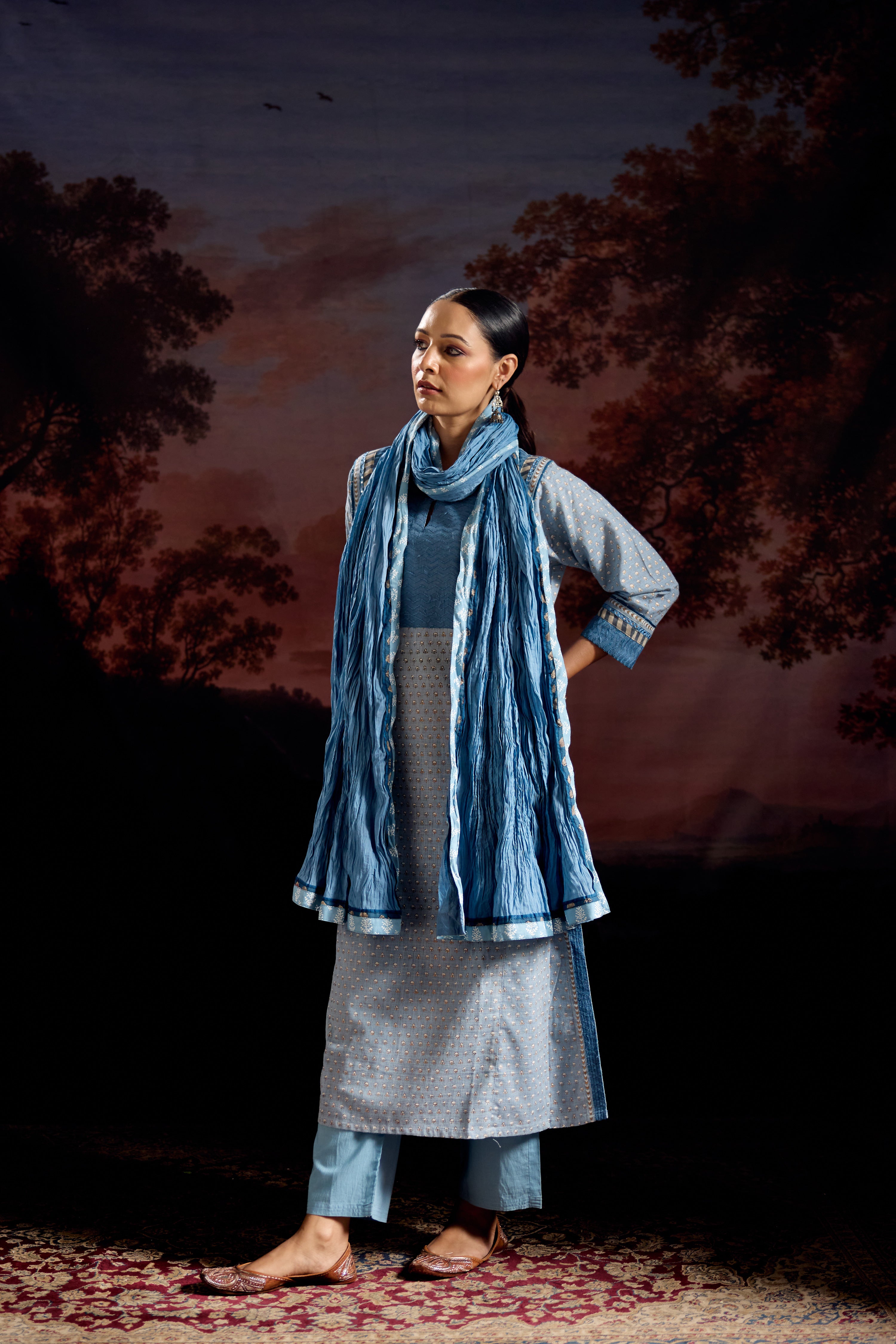 Adya Cotton Slub Printed Kurta Sky Blue (Set Of 3)