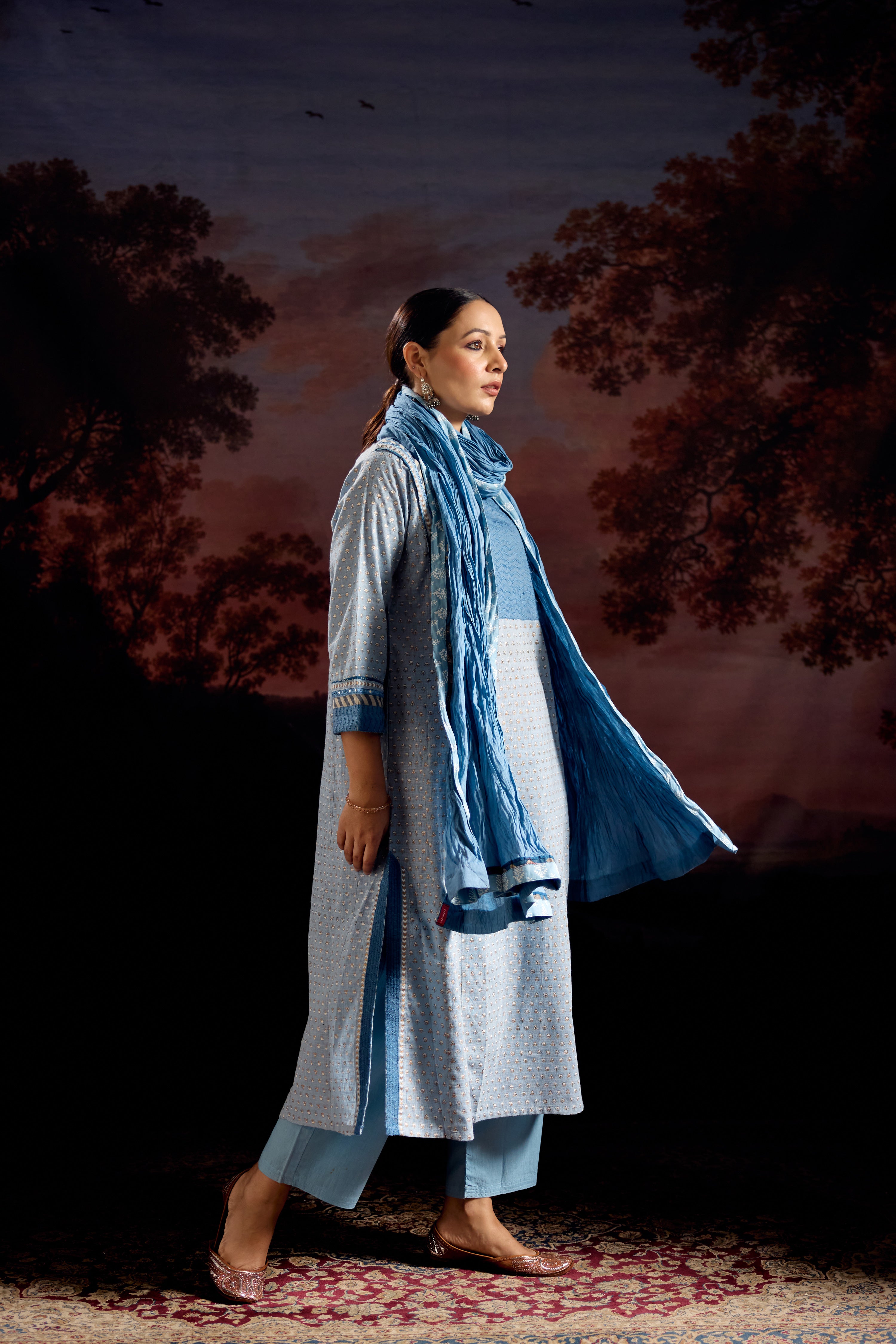 Adya Cotton Slub Printed Kurta Sky Blue (Set Of 3)