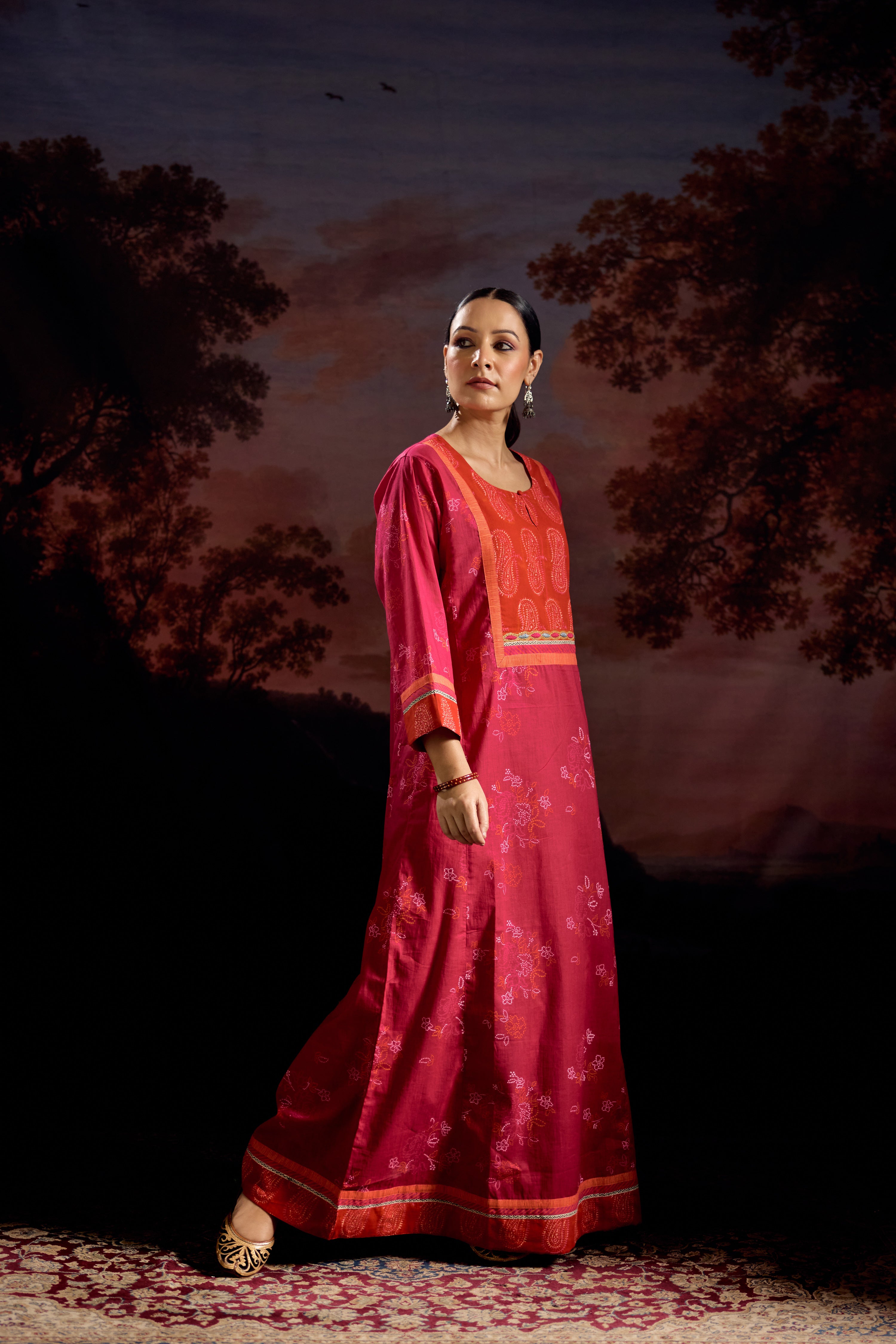 Rozana Cotton Printed Caftan Pink