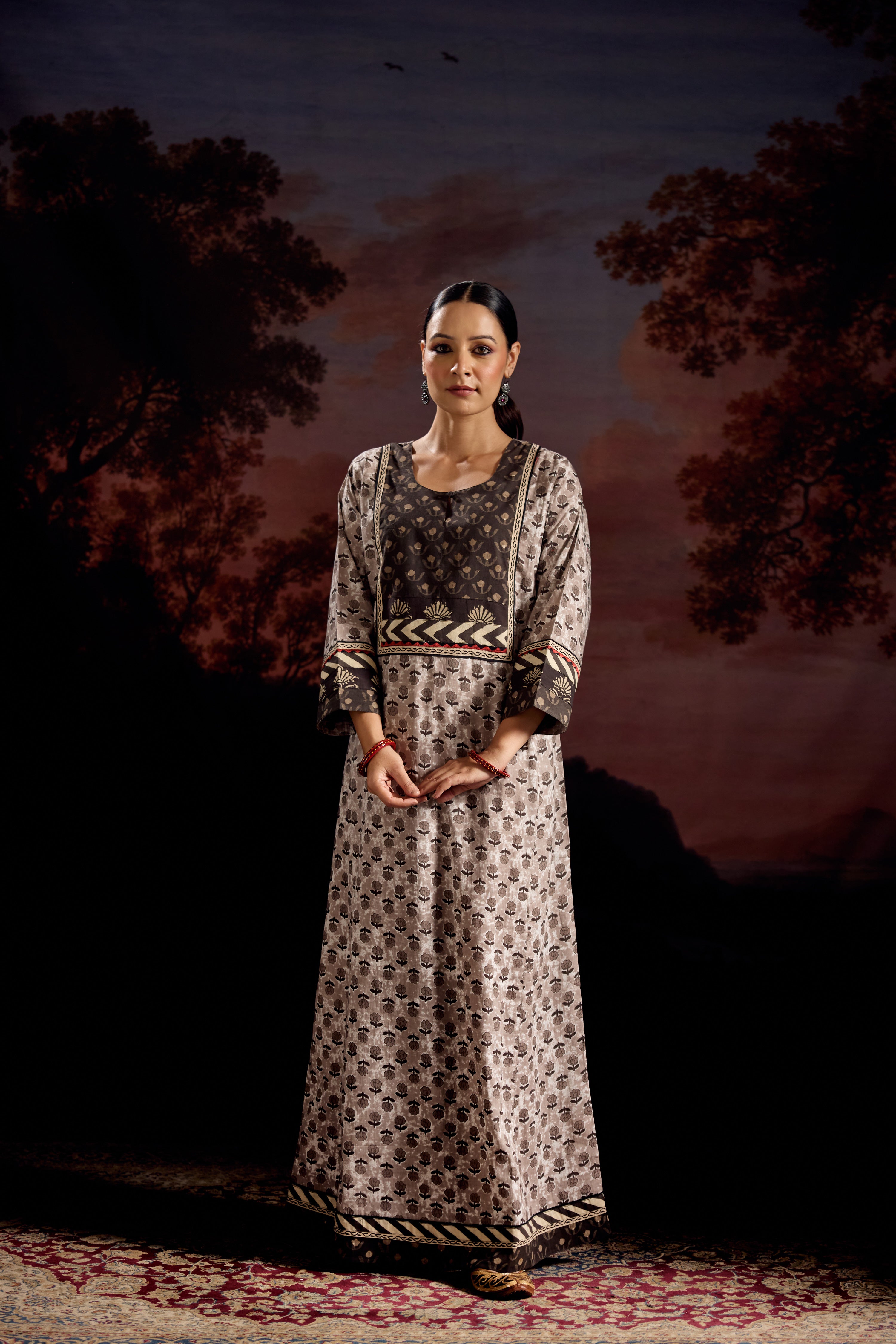 Rozana Cotton Printed Caftan Grey