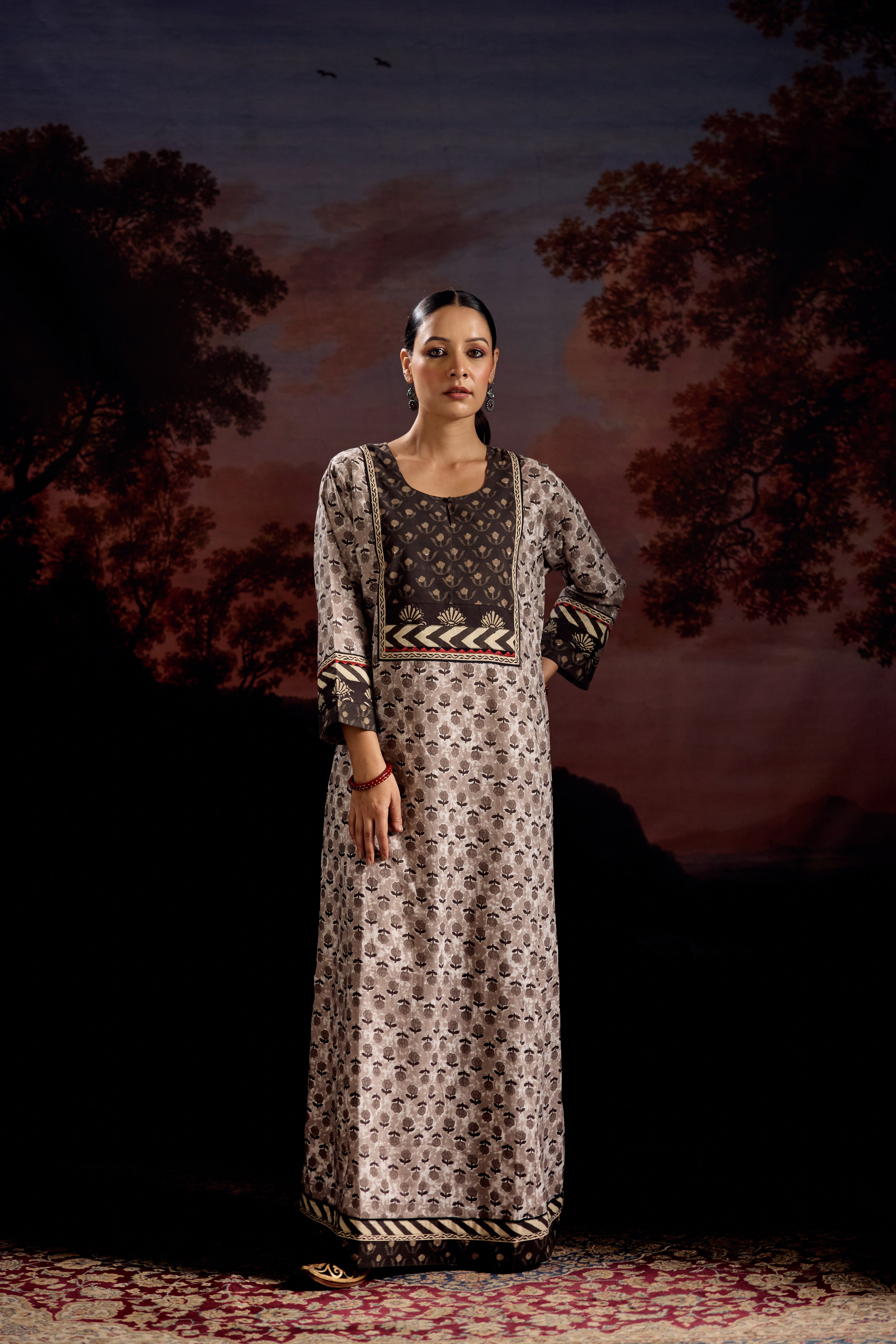 Rozana Cotton Printed Caftan Grey