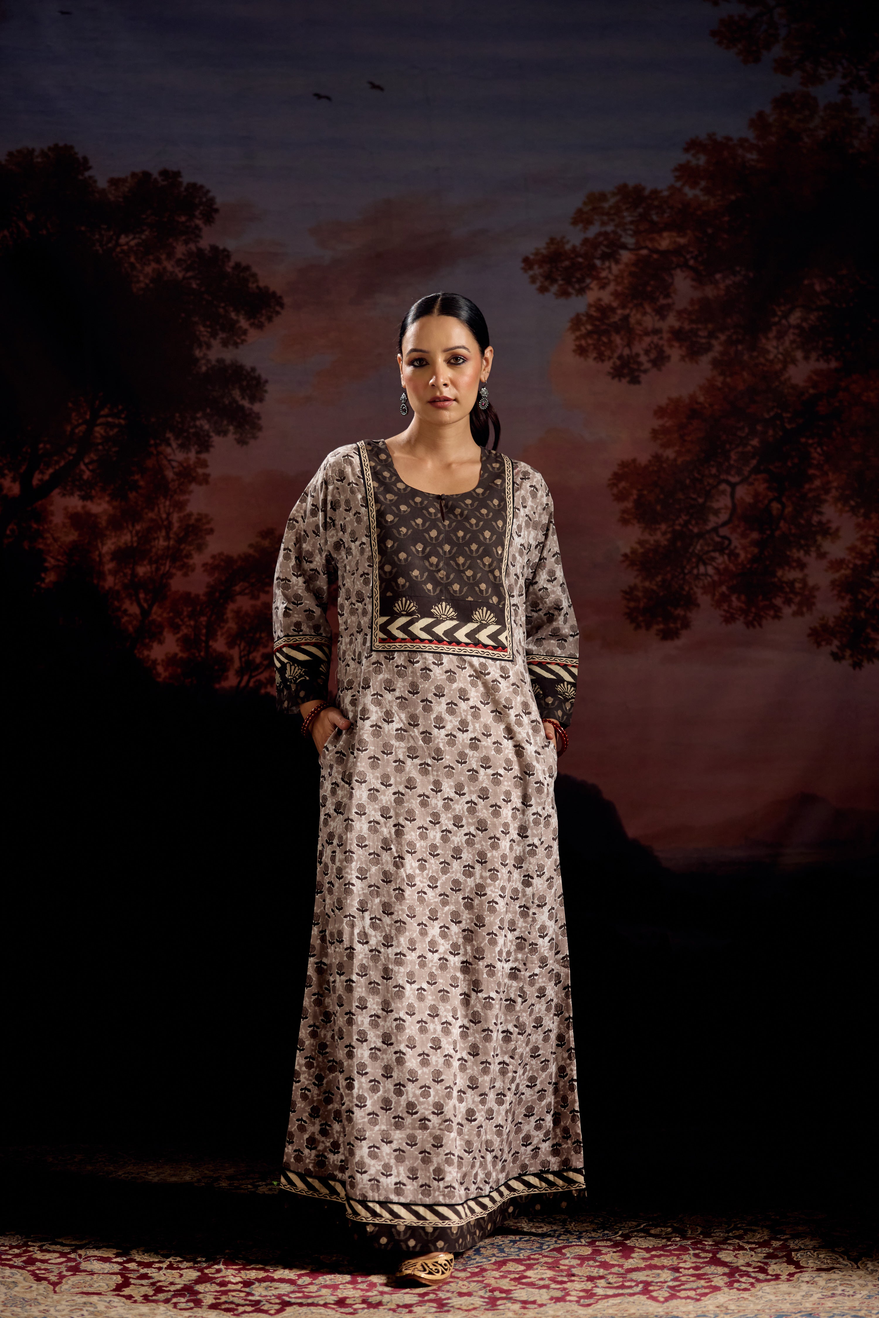 Rozana Cotton Printed Caftan Grey