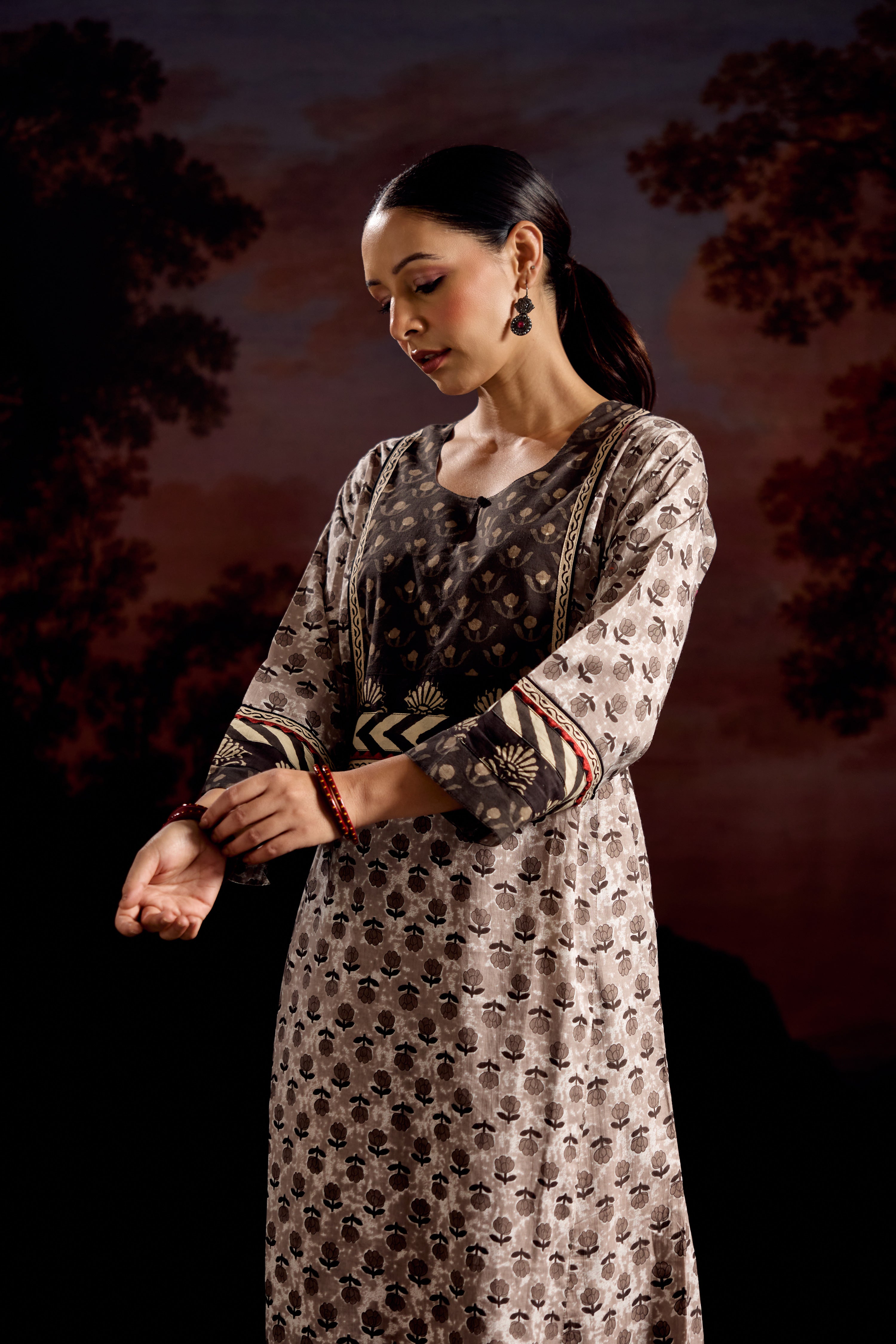 Rozana Cotton Printed Caftan Grey