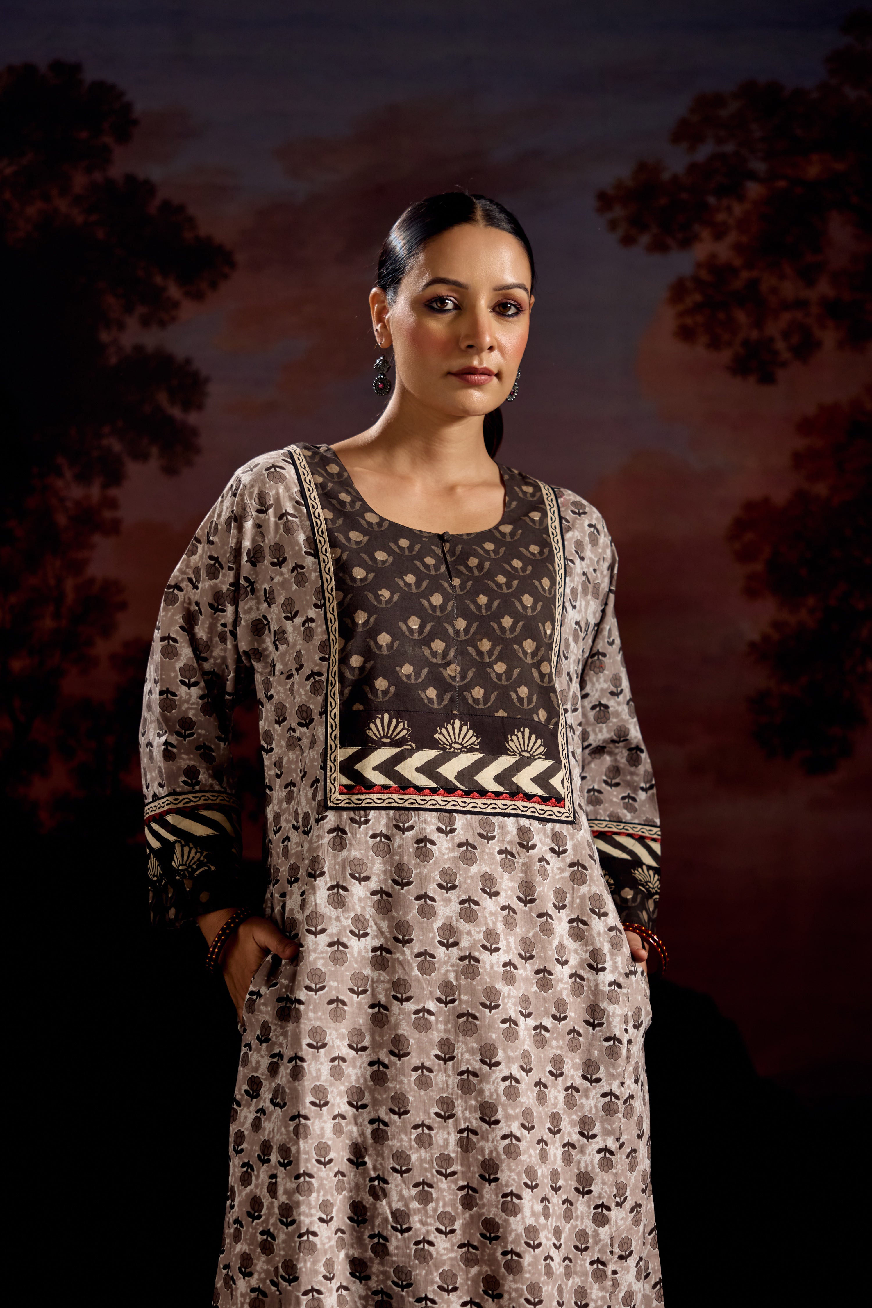 Rozana Cotton Printed Caftan Grey