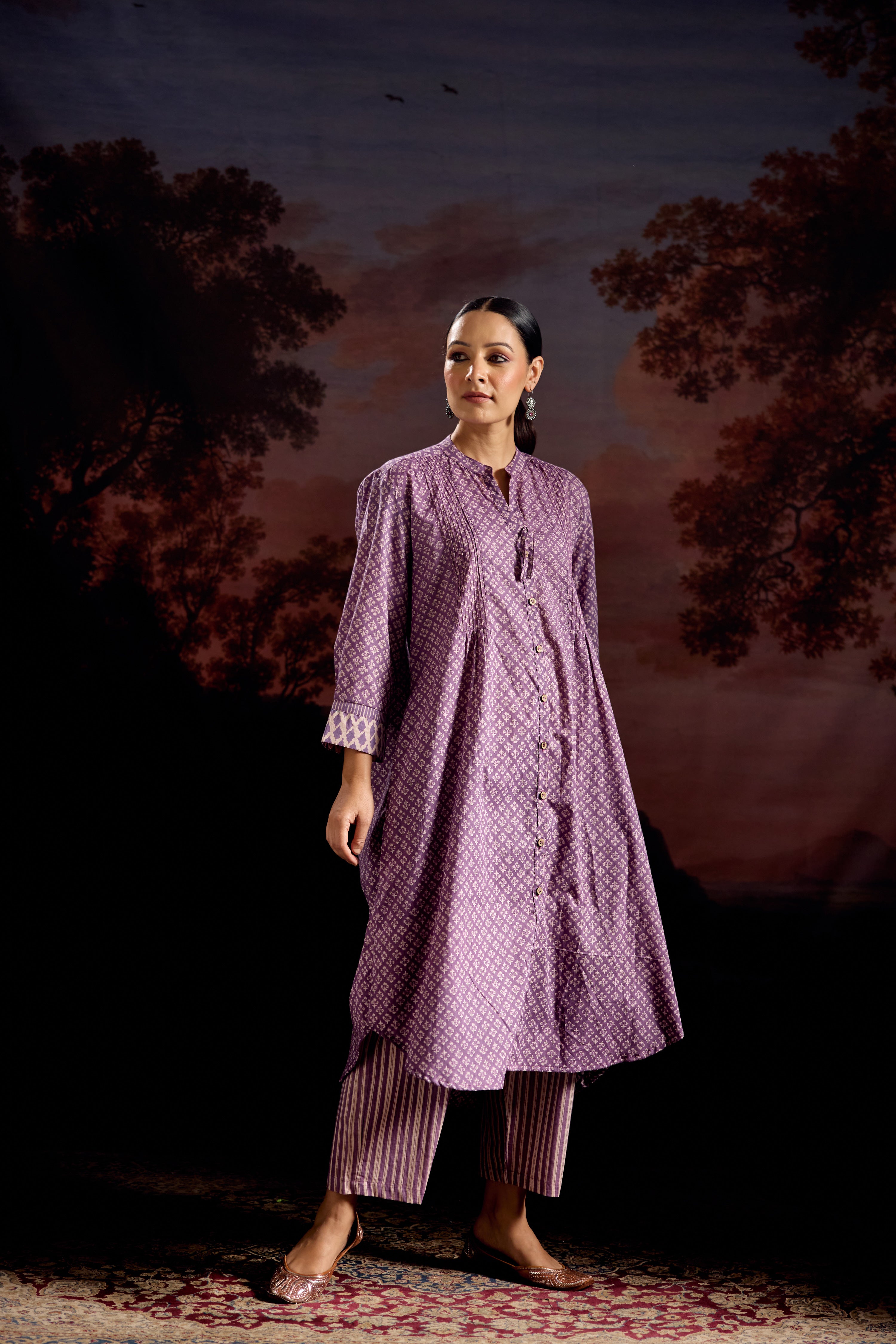 Sarah Cotton Printed Co-ord Set Mauve