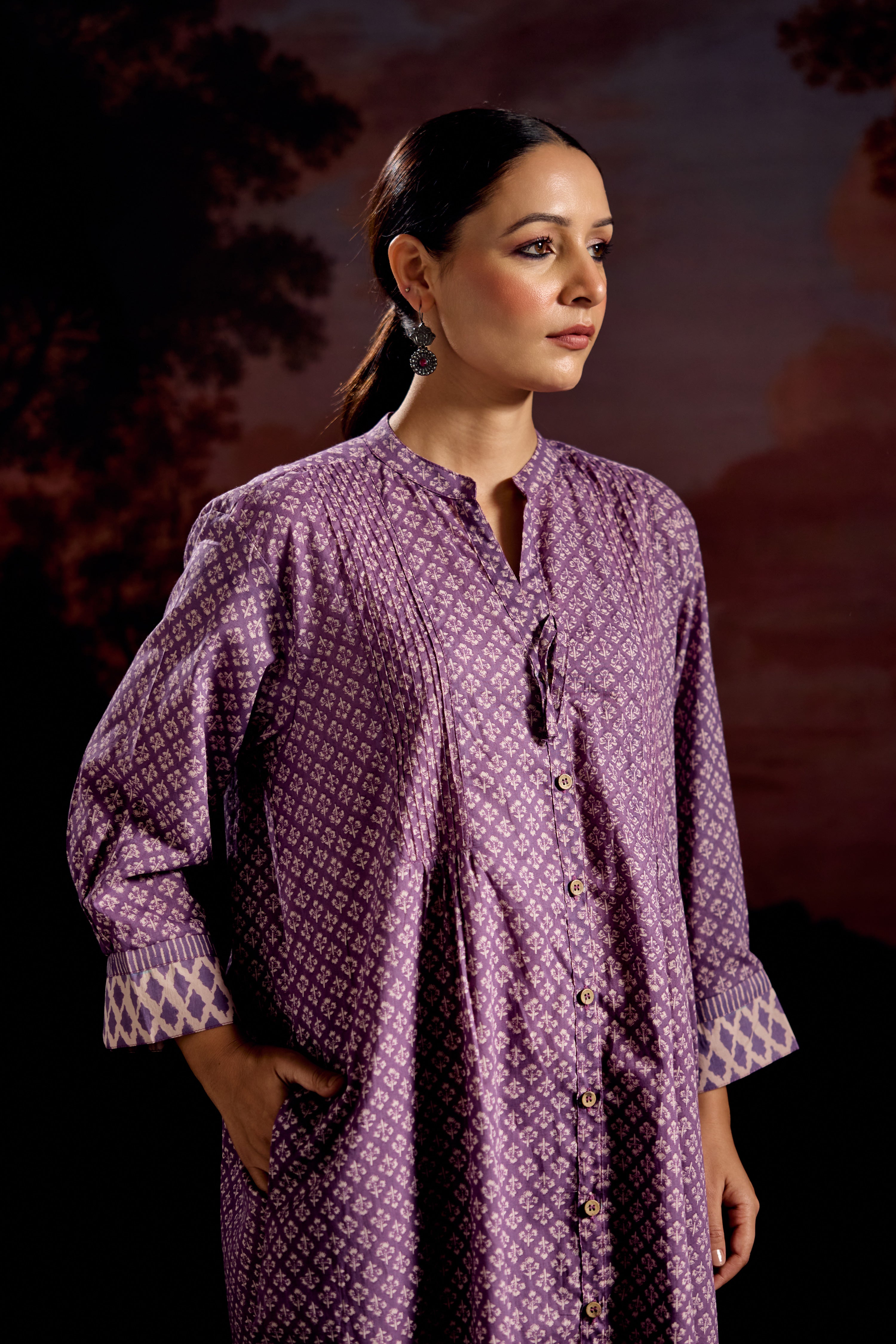 Sarah Cotton Printed Co-ord Set Mauve