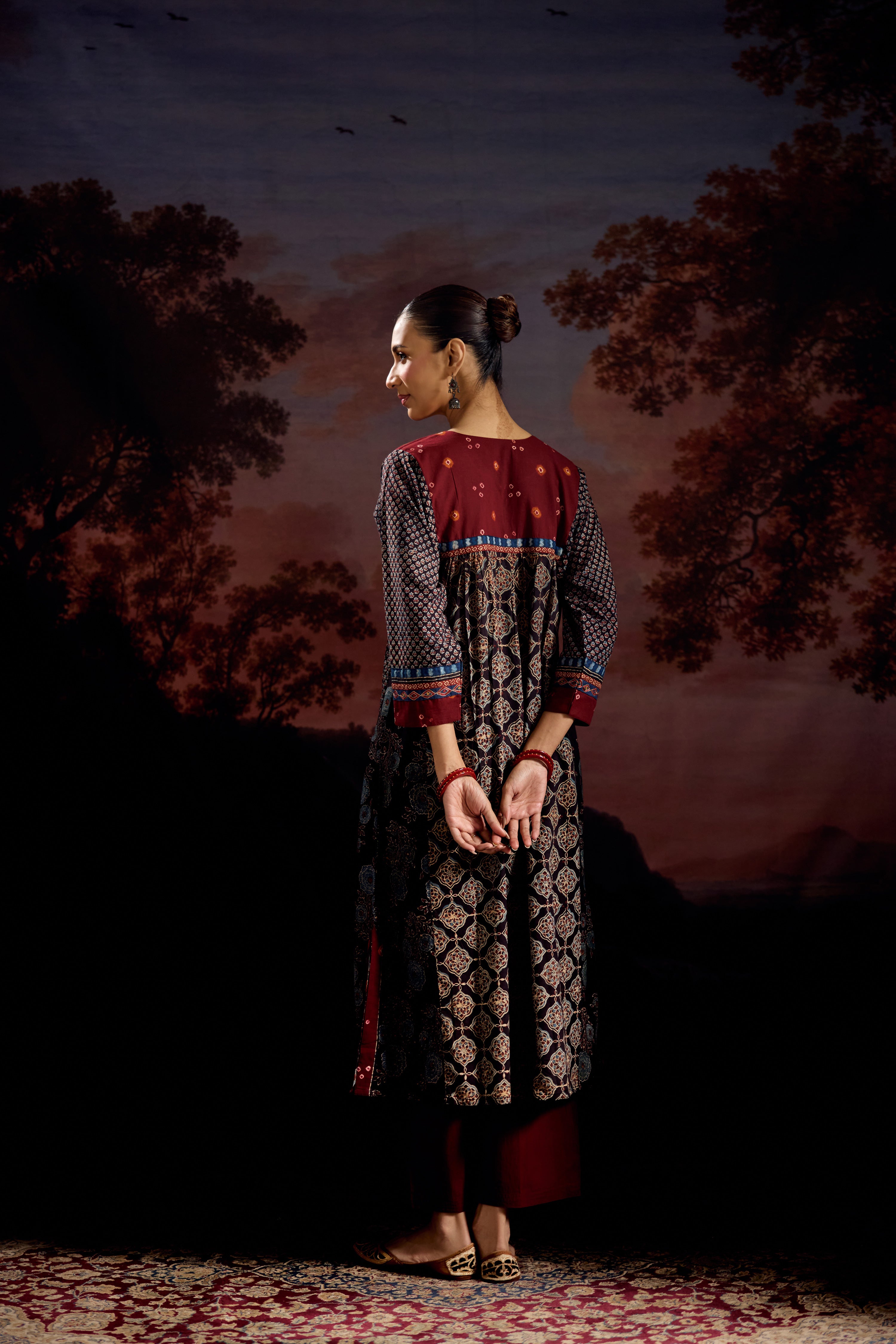 Banjara Cotton Ajrakh Printed Kurta Black Maroon (Set Of 3)