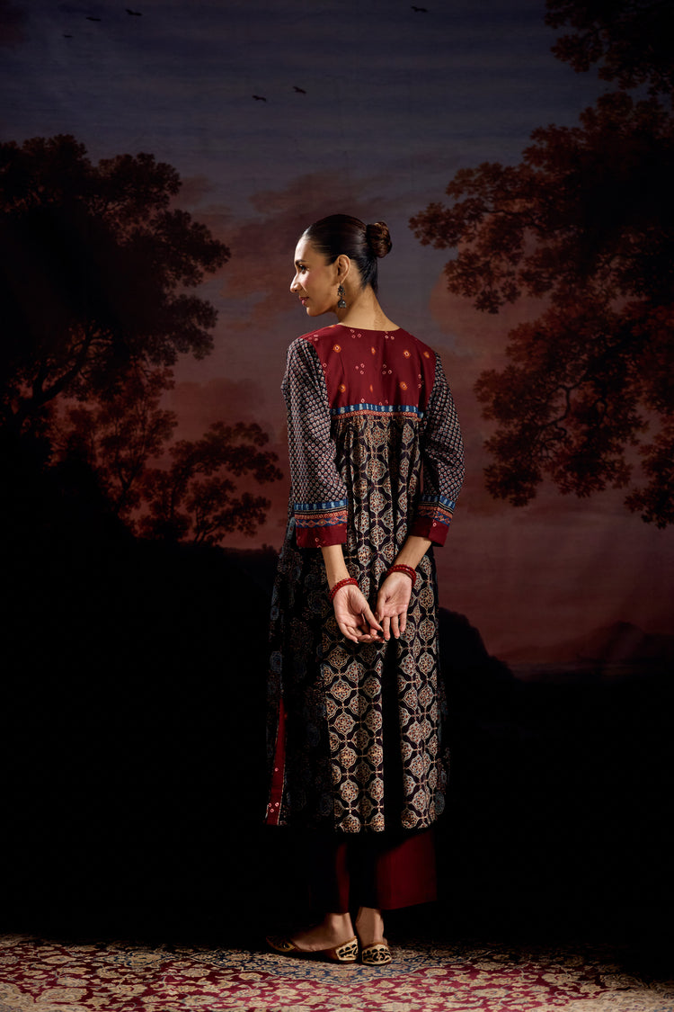 Banjara Cotton Ajrakh Printed Kurta Black Maroon (Set Of 3)