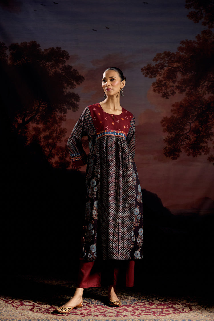 Banjara Cotton Ajrakh Printed Kurta Black Maroon (Set Of 3)