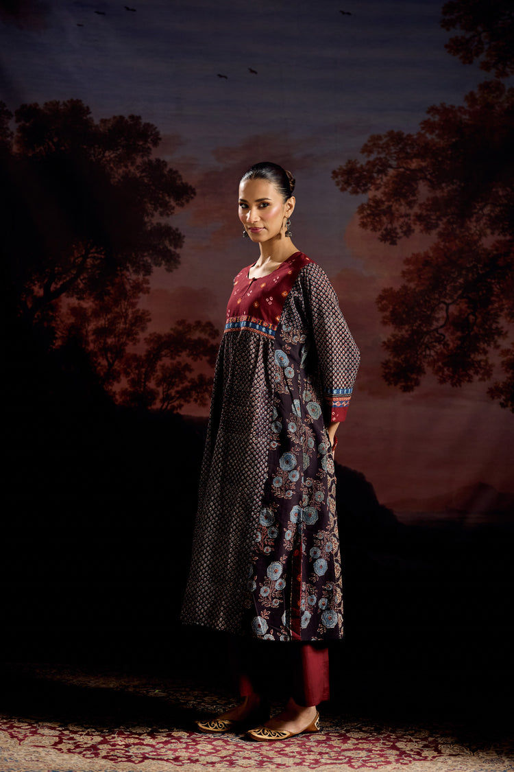 Banjara Cotton Ajrakh Printed Kurta Black Maroon (Set Of 3)