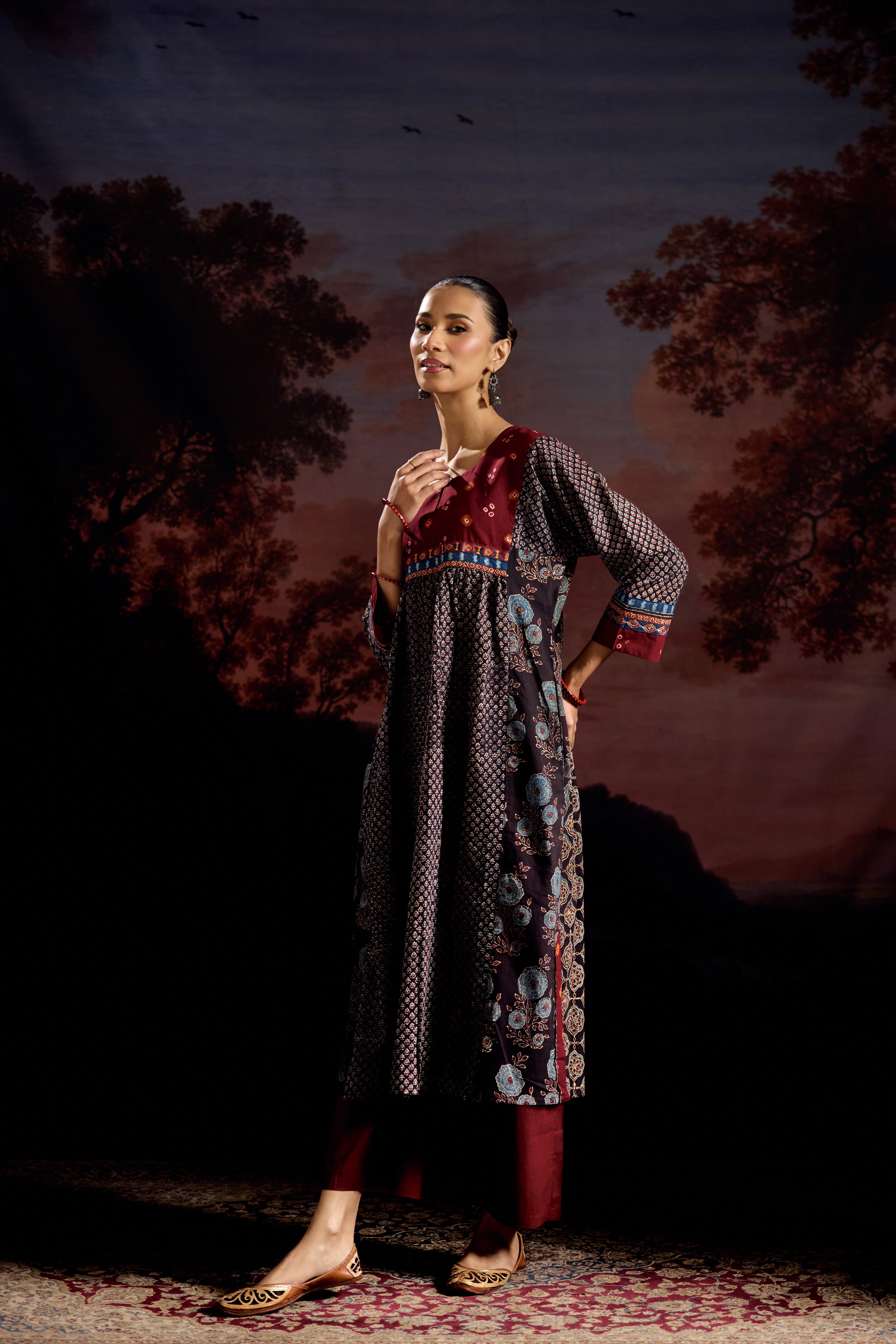 Banjara Cotton Ajrakh Printed Kurta Black Maroon (Set Of 3)