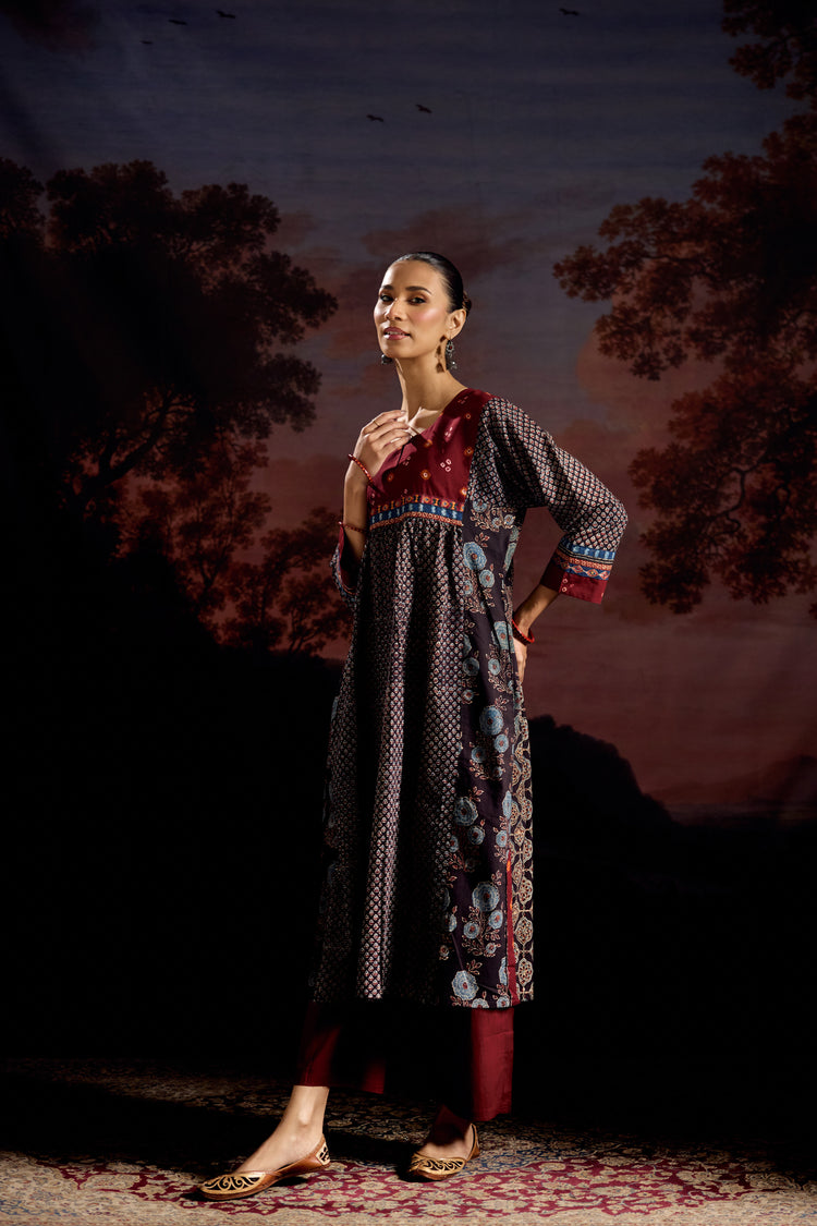 Banjara Cotton Ajrakh Printed Kurta Black Maroon (Set Of 3)