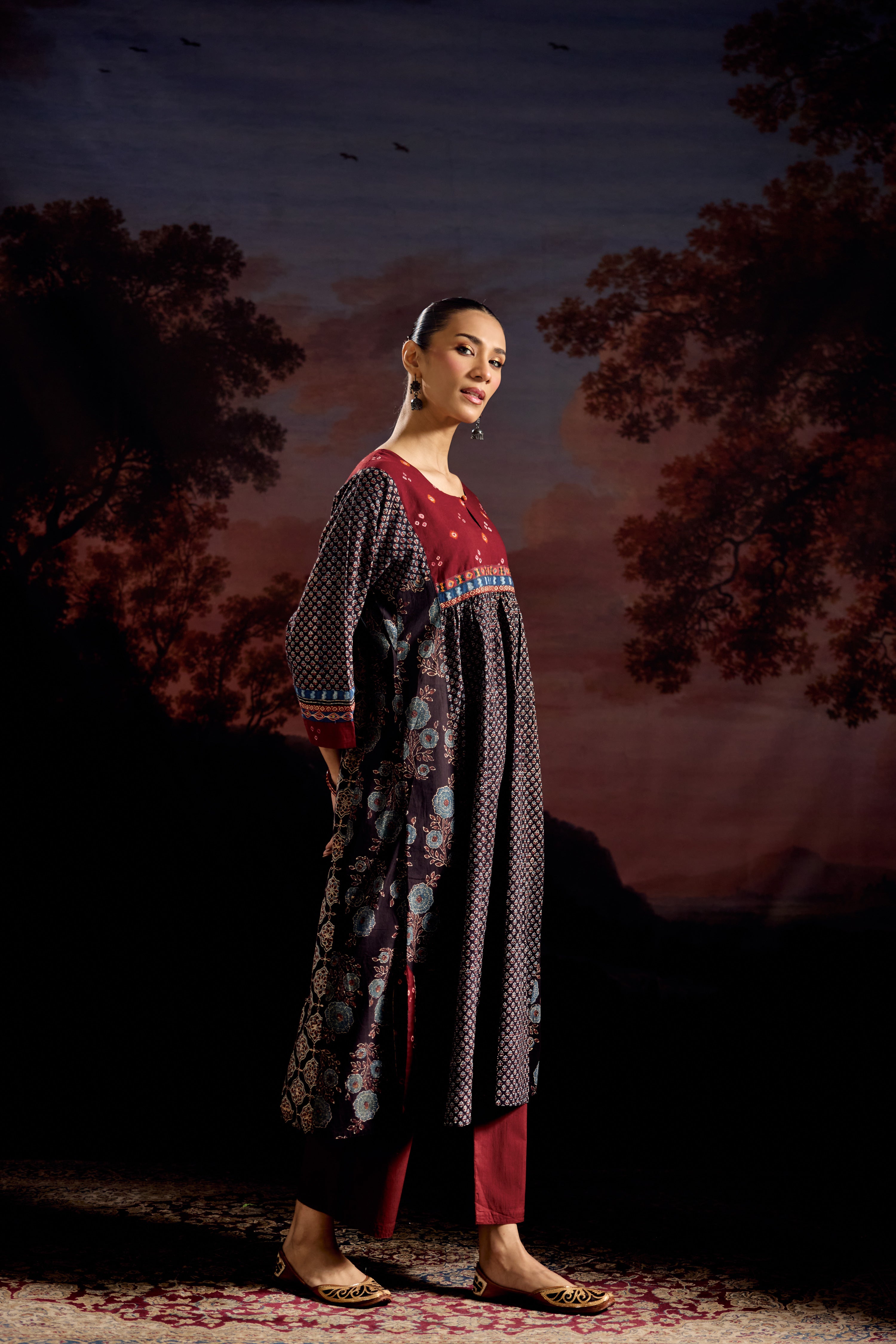 Banjara Cotton Ajrakh Printed Kurta Black Maroon (Set Of 3)