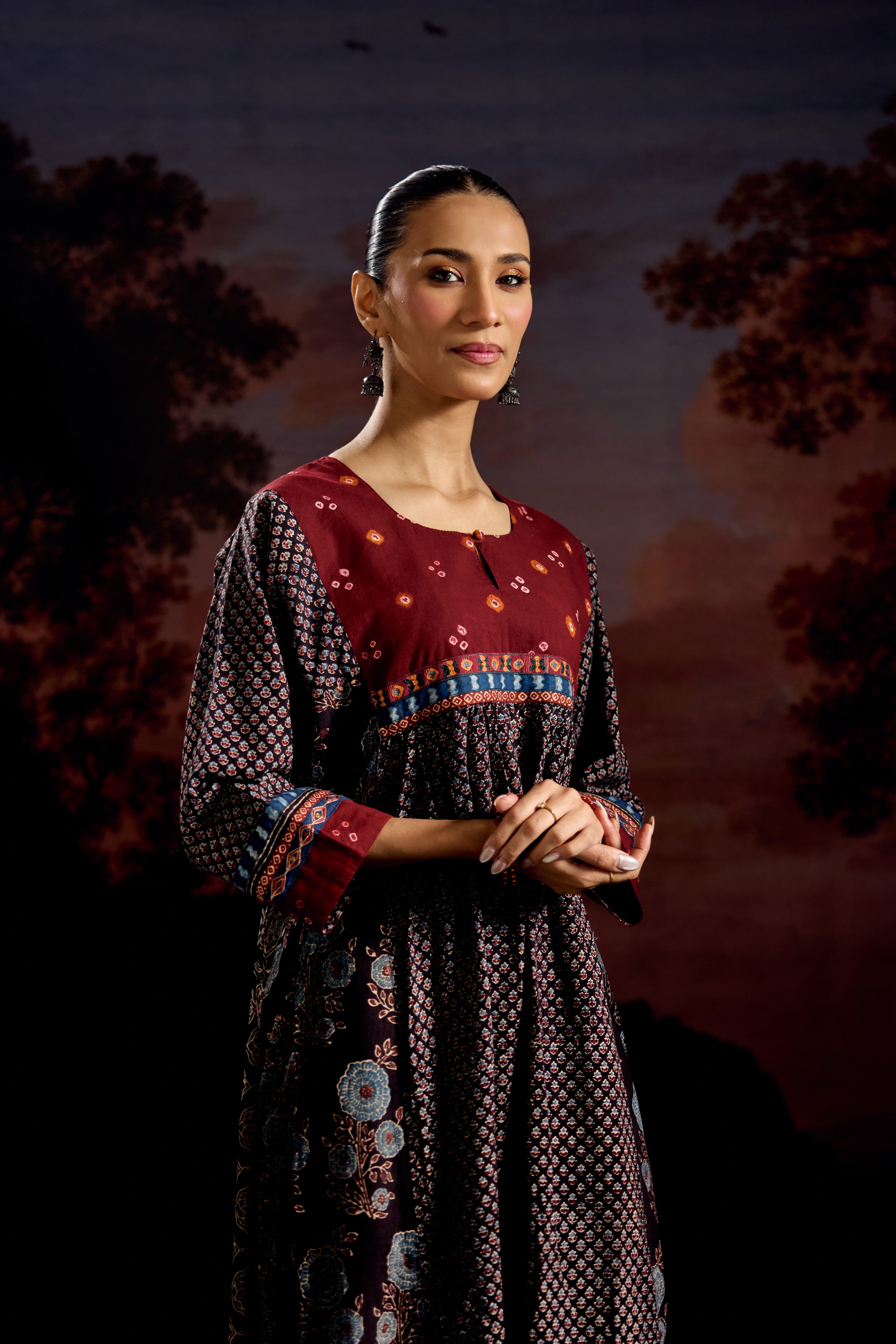 Banjara Cotton Ajrakh Printed Kurta Black Maroon (Set Of 3)