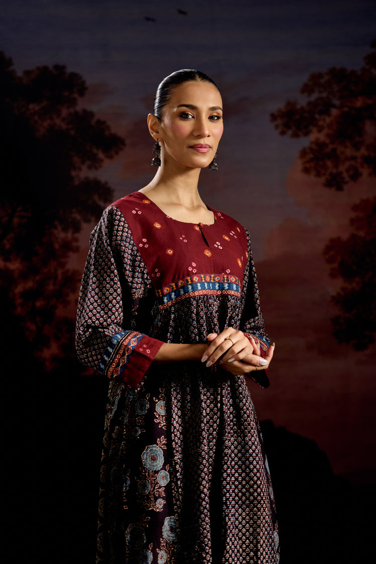 Banjara Cotton Ajrakh Printed Kurta Black Maroon (Set Of 3)