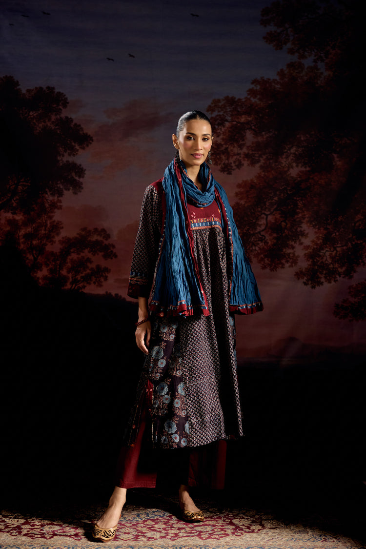 Banjara Cotton Ajrakh Printed Kurta Black Maroon (Set Of 3)