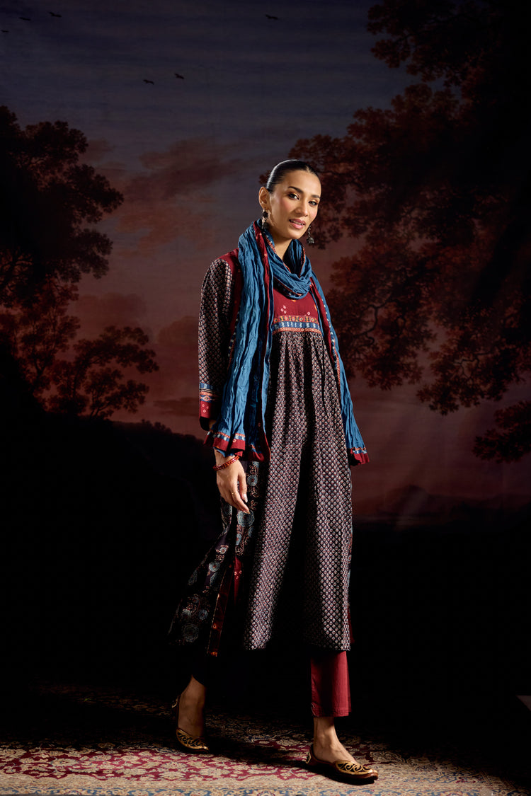 Banjara Cotton Ajrakh Printed Kurta Black Maroon (Set Of 3)