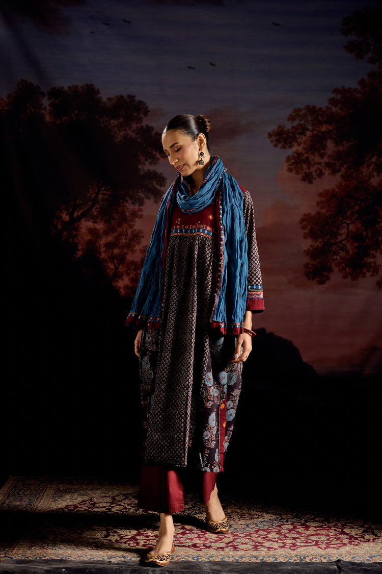 Banjara Cotton Ajrakh Printed Kurta Black Maroon (Set Of 3)