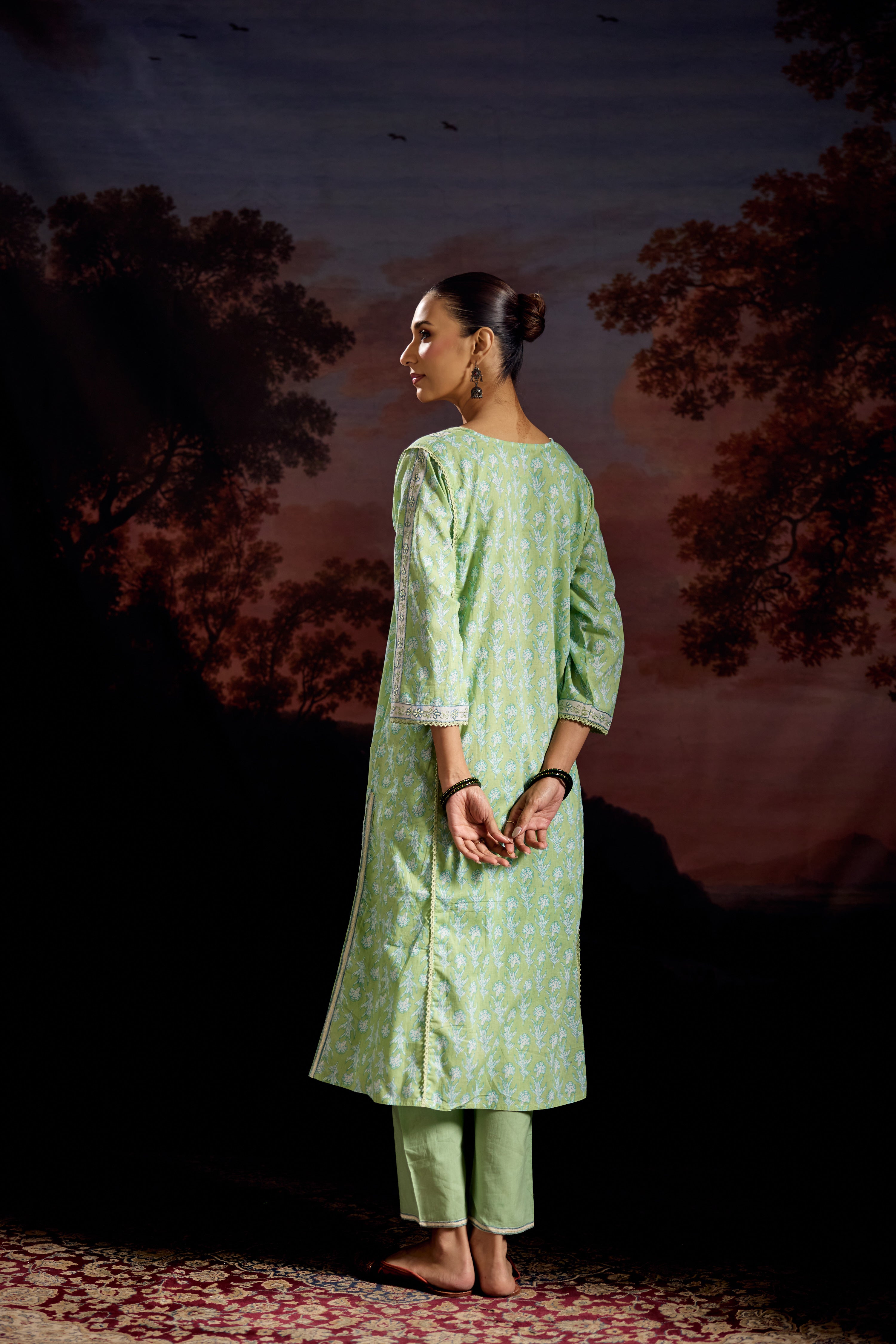 Tulsi Cotton Printed Kurta Pista Green (Set Of 3)