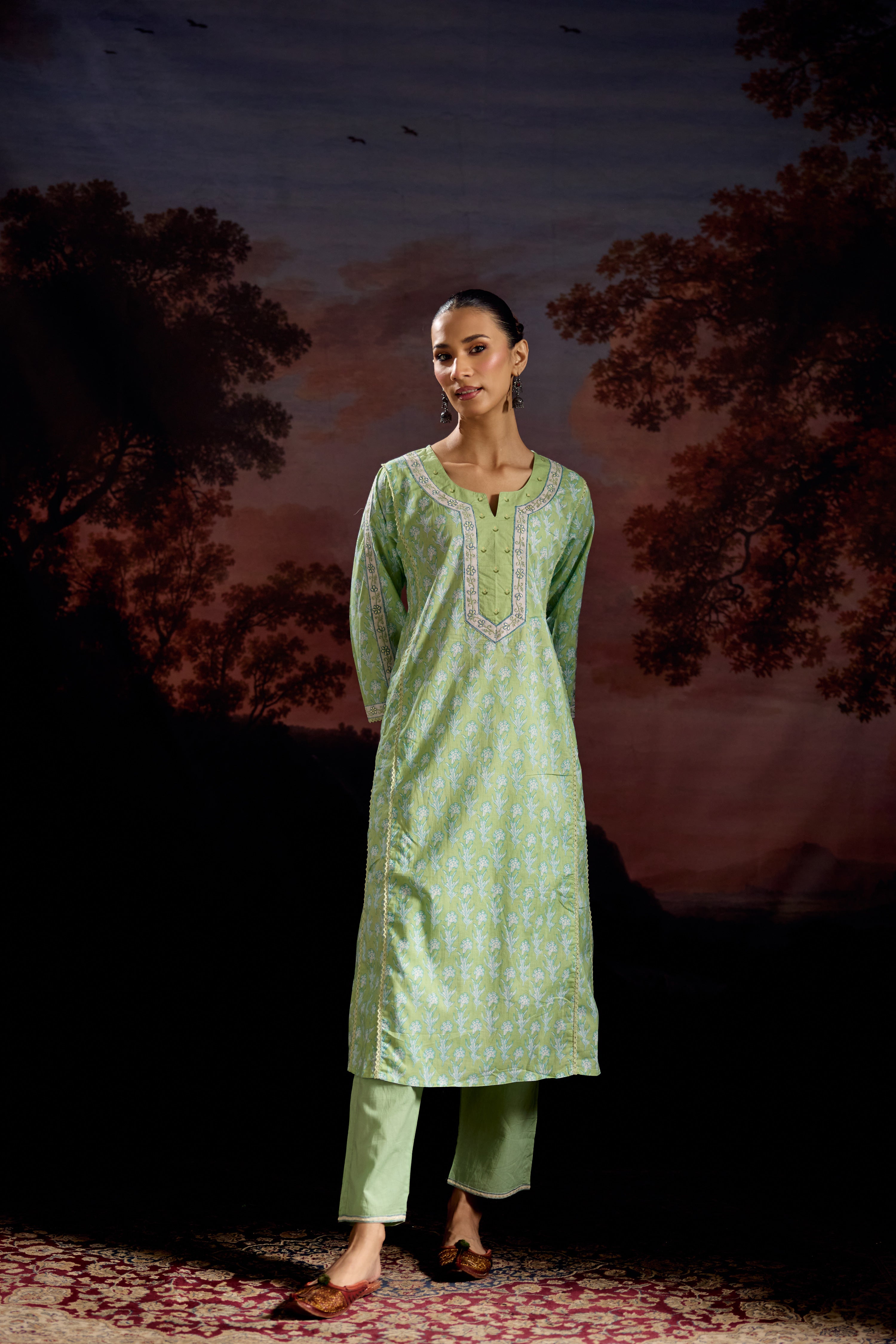 Tulsi Cotton Printed Kurta Pista Green (Set Of 3)