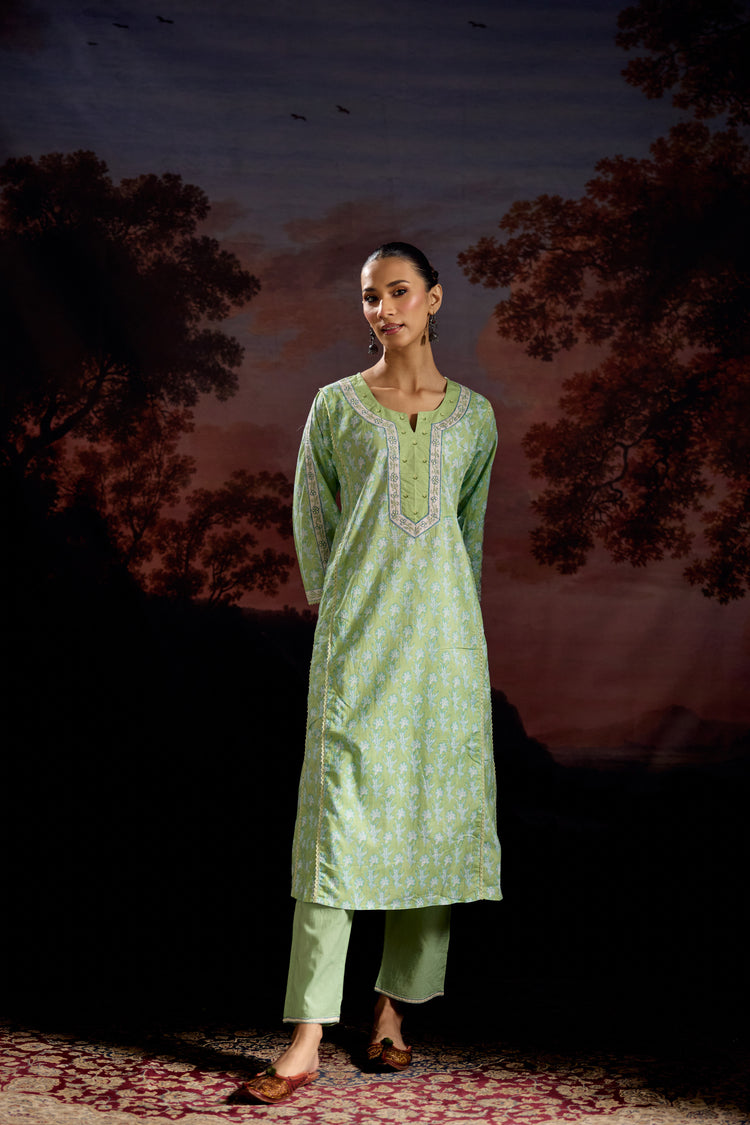 Tulsi Cotton Printed Kurta Pista Green (Set Of 3)