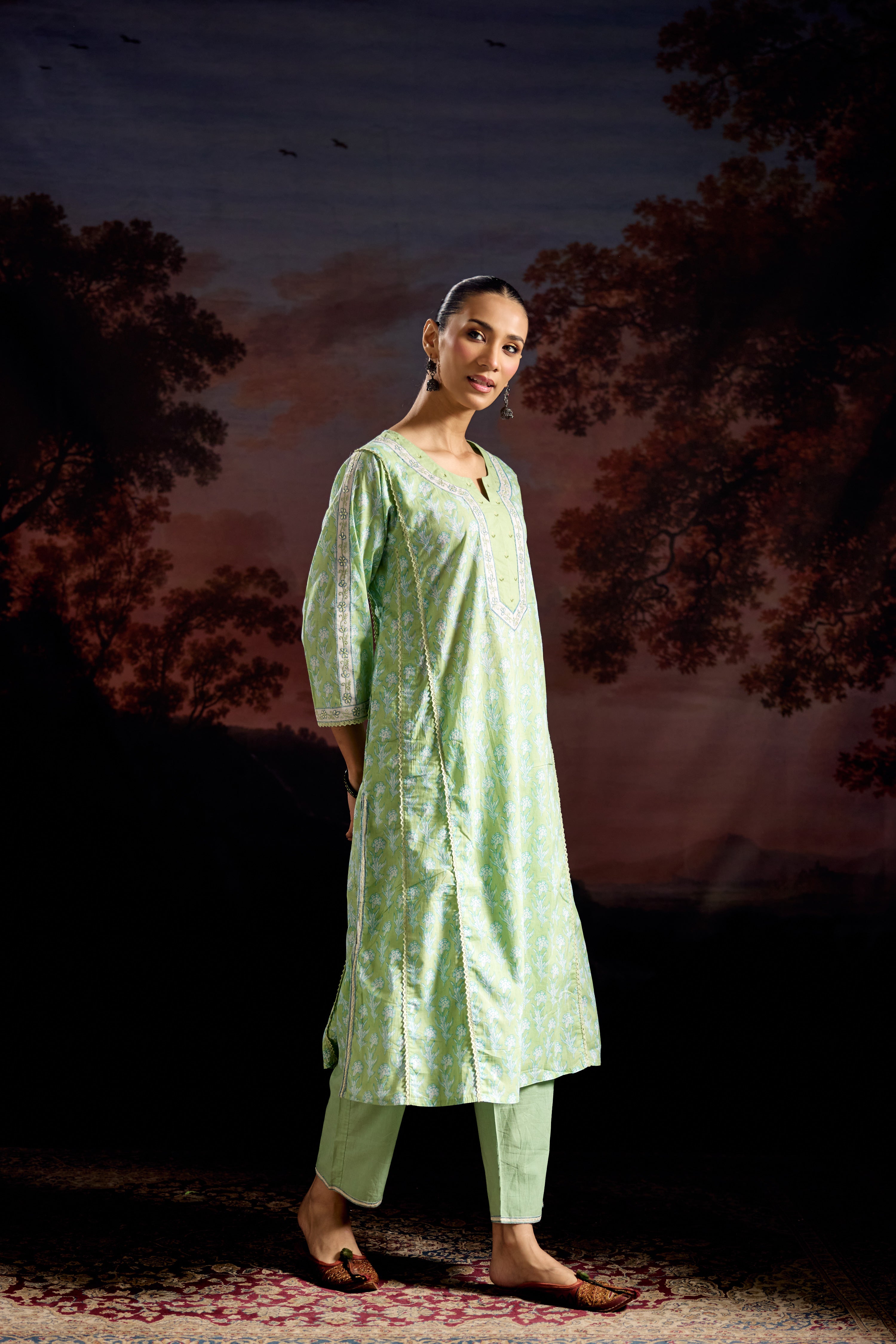 Tulsi Cotton Printed Kurta Pista Green (Set Of 3)