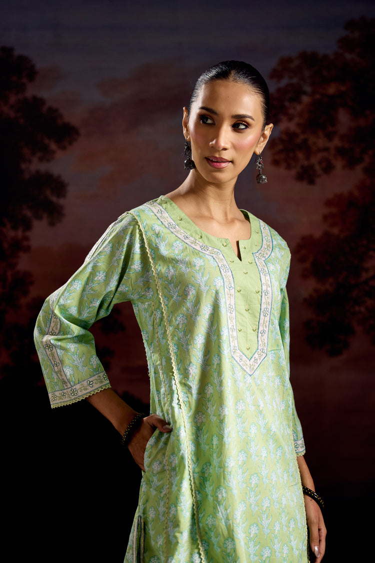 Tulsi Cotton Printed Kurta Pista Green (Set Of 3)