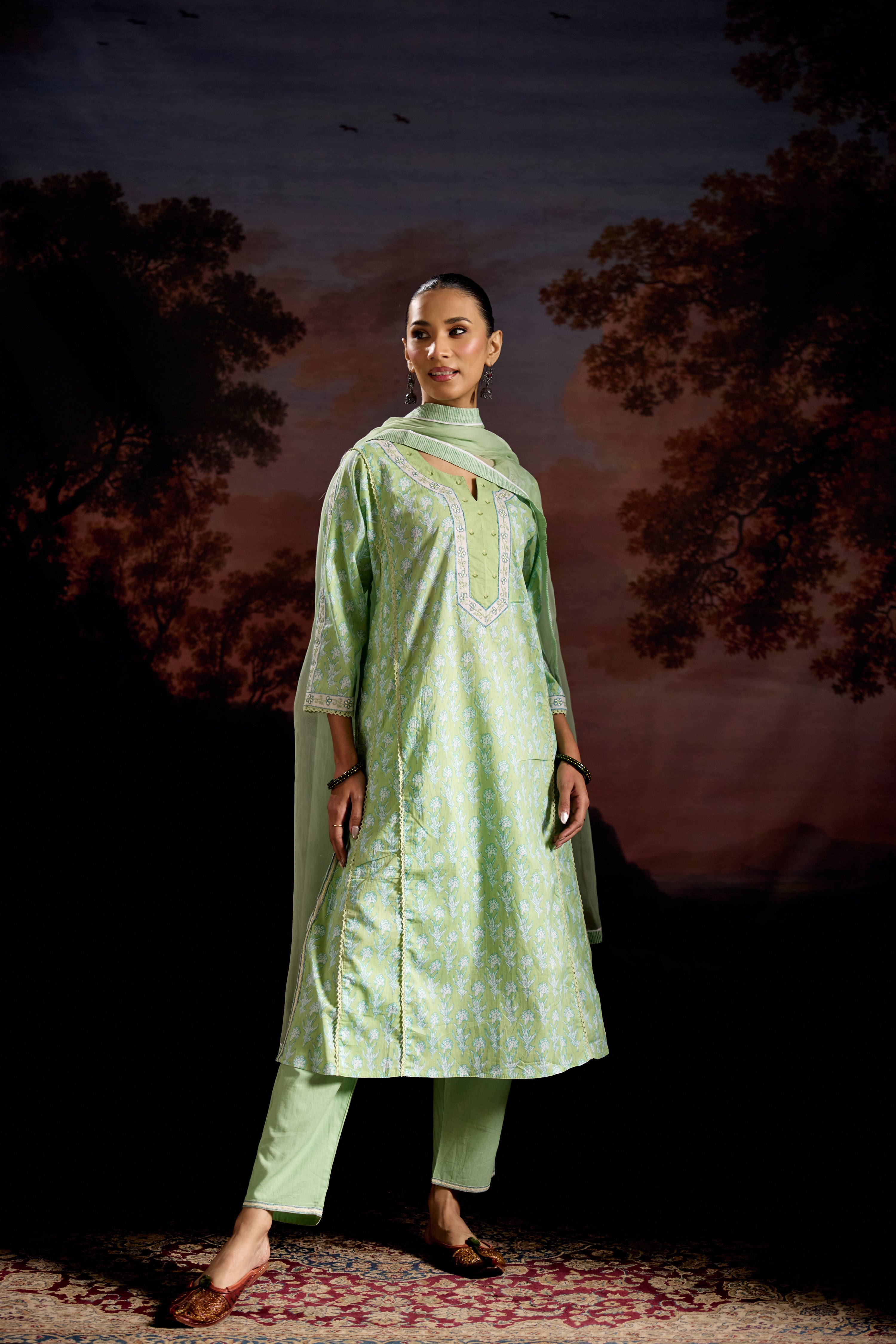 Tulsi Cotton Printed Kurta Pista Green (Set Of 3)