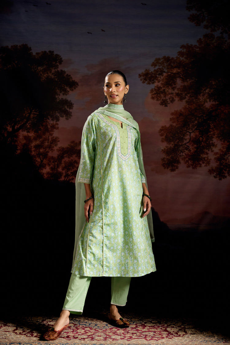 Tulsi Cotton Printed Kurta Pista Green (Set Of 3)