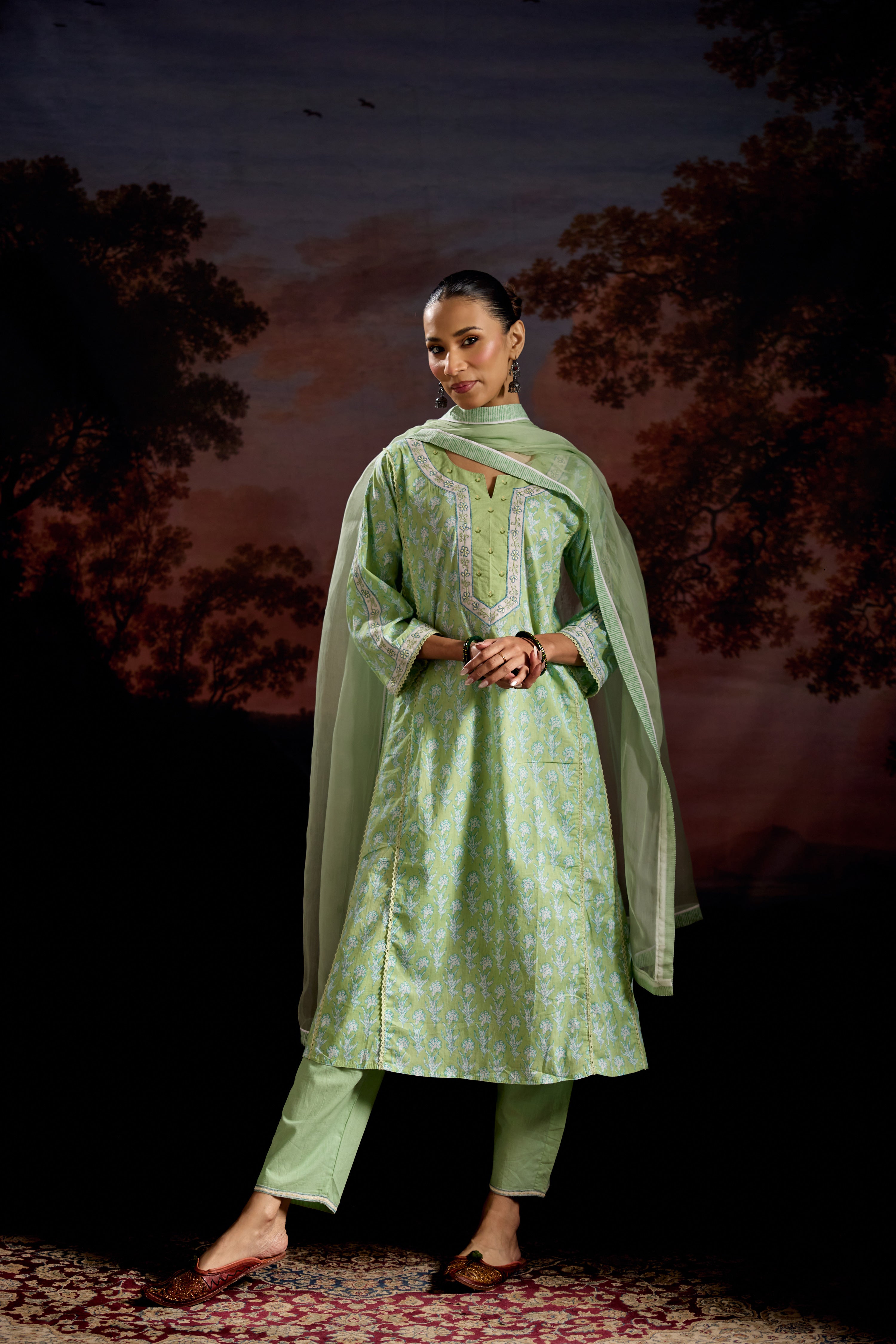 Tulsi Cotton Printed Kurta Pista Green (Set Of 3)