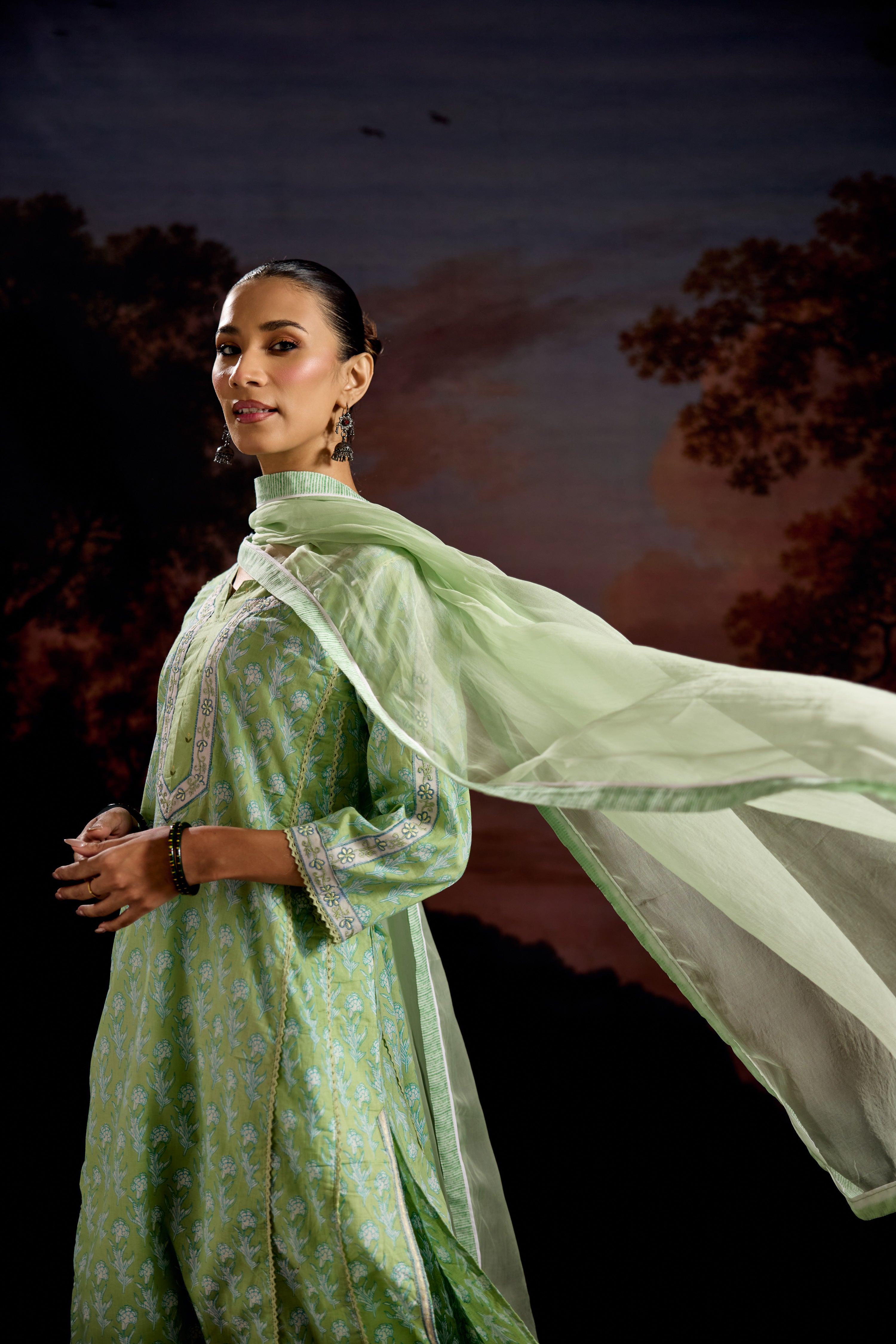 Tulsi Cotton Printed Kurta Pista Green (Set Of 3)