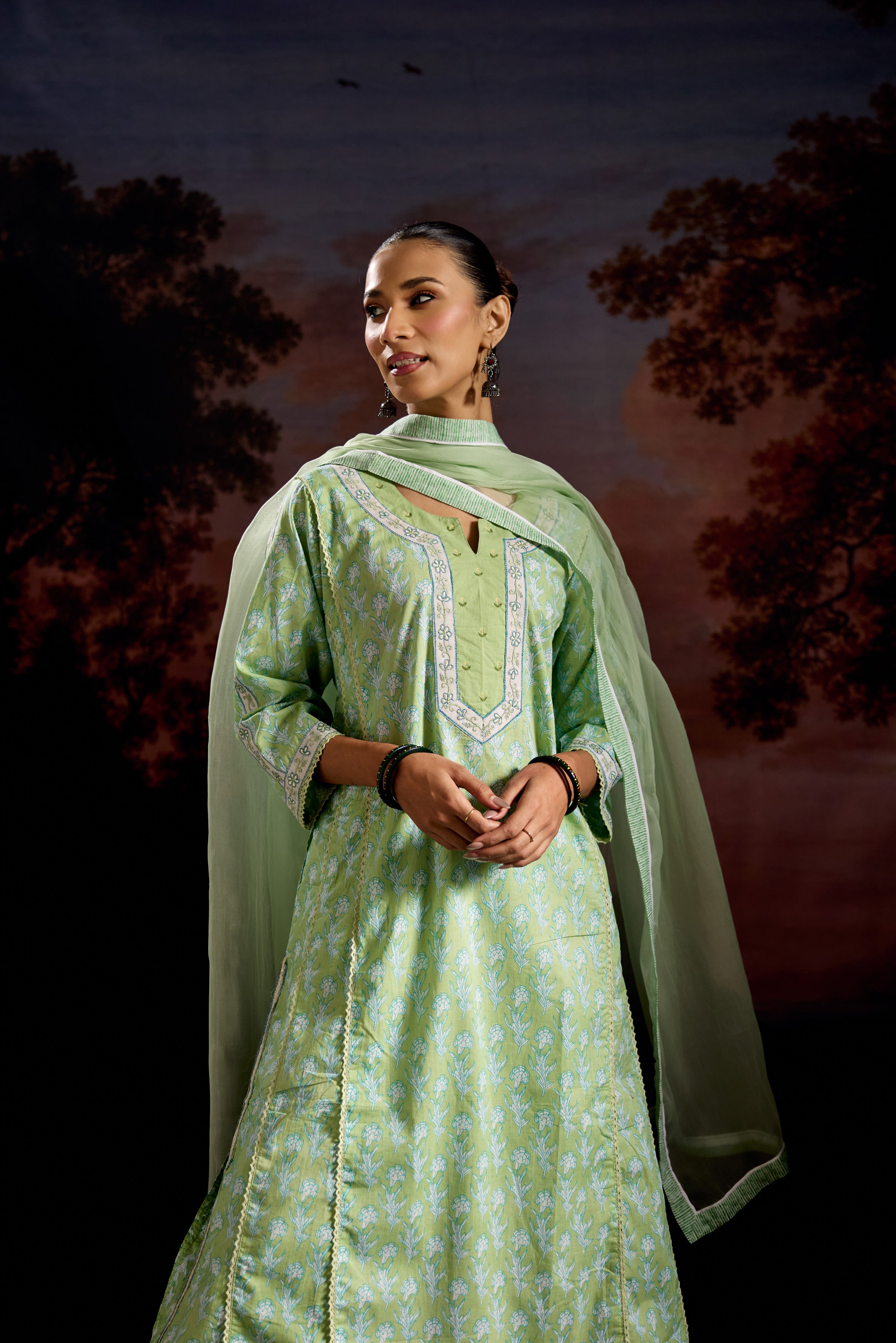 Tulsi Cotton Printed Kurta Pista Green (Set Of 3)