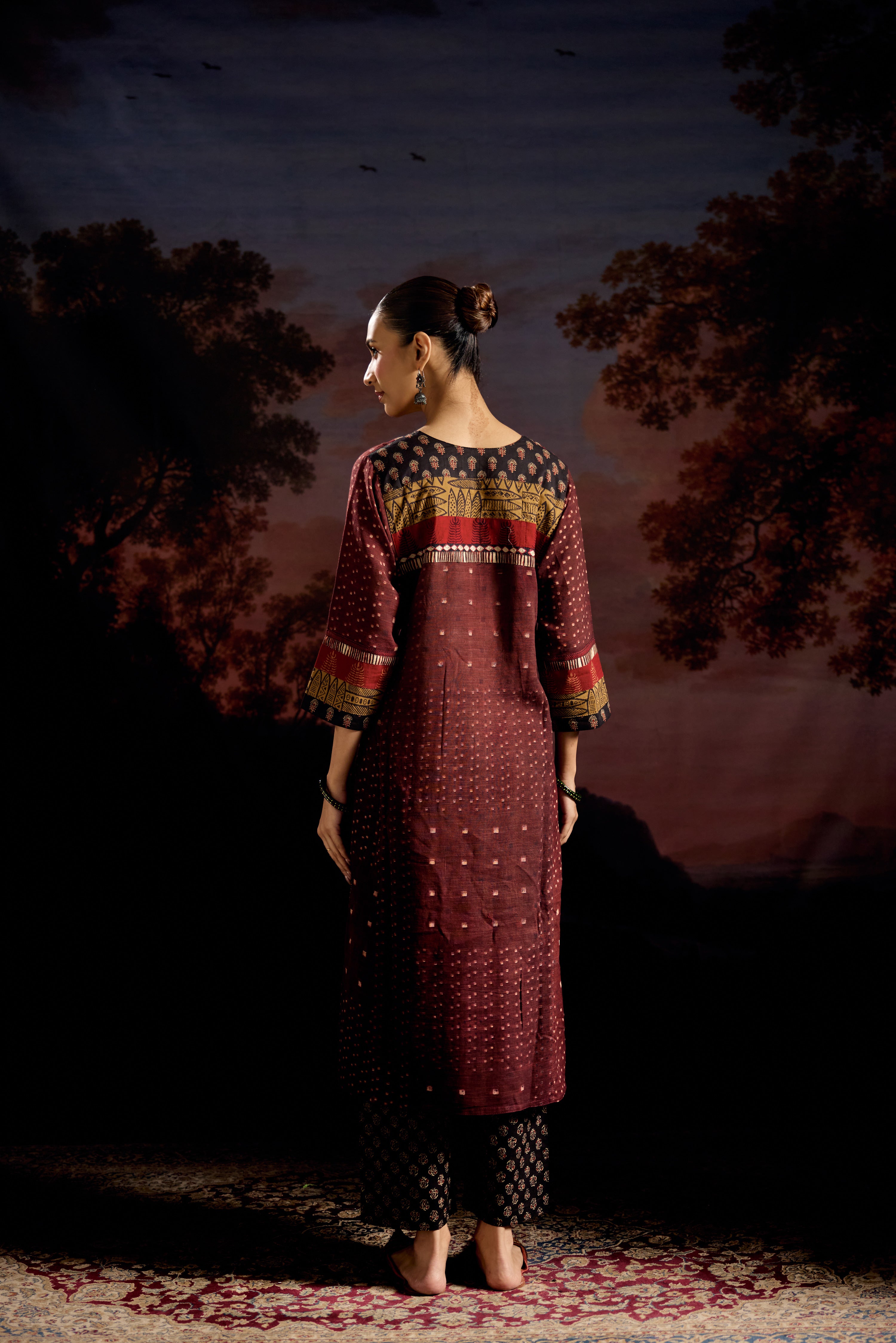 Rozana Woven Thick Cotton Printed Kurta Maroon (Set Of 2)