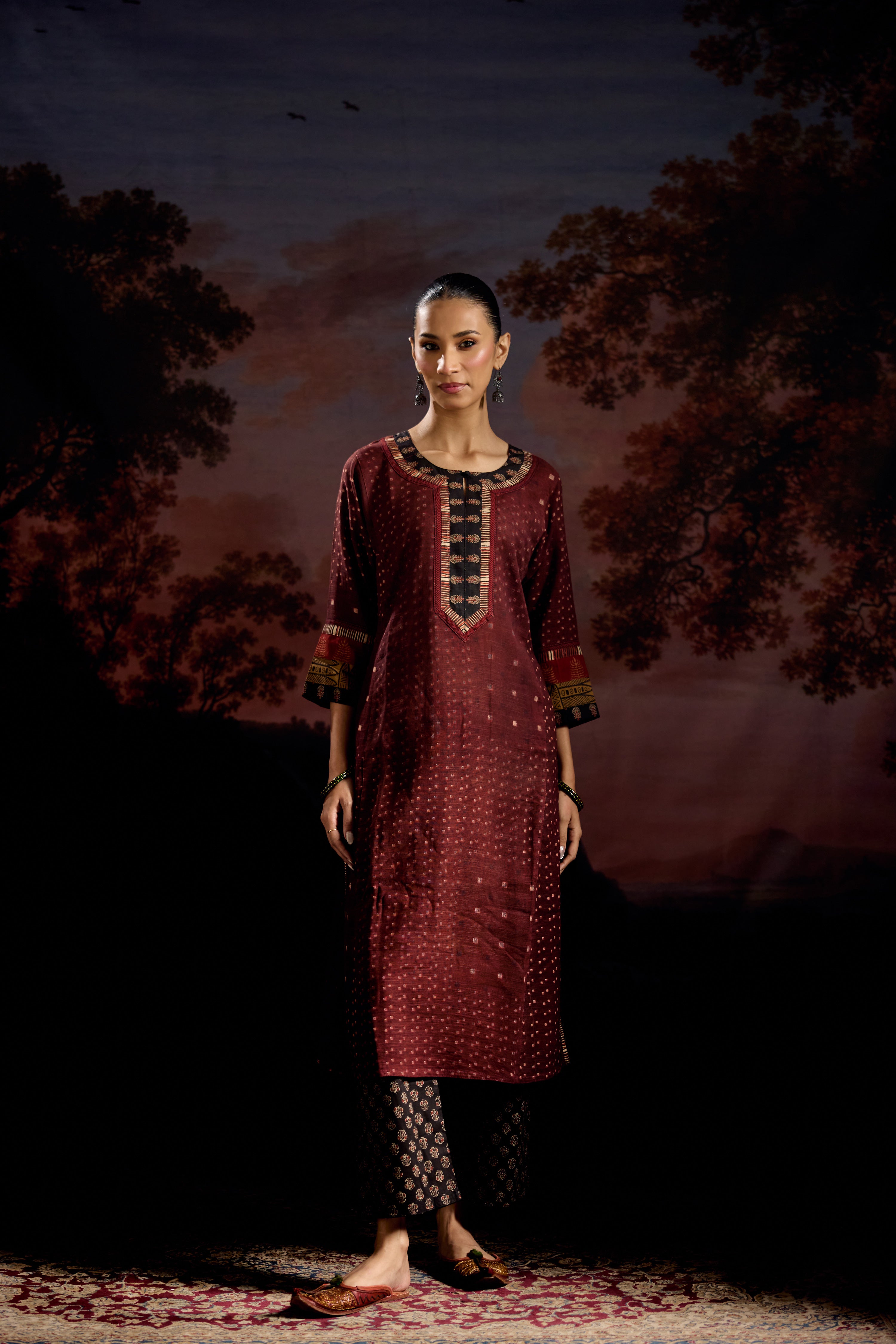 Rozana Woven Thick Cotton Printed Kurta Maroon (Set Of 2)