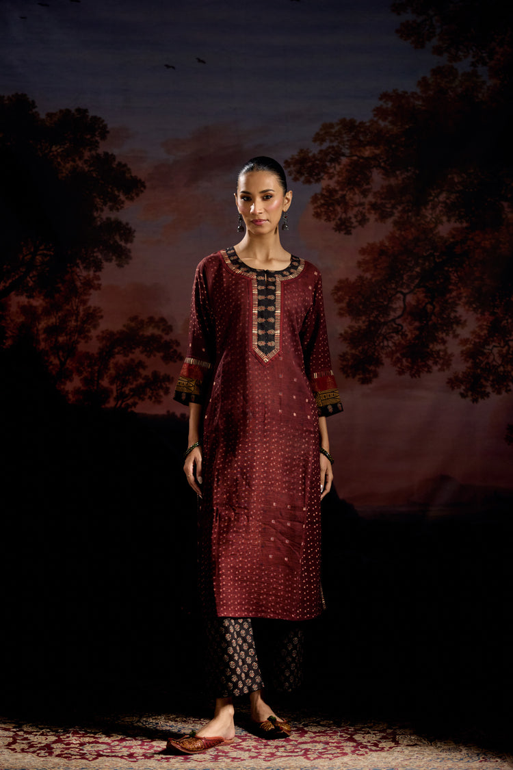 Rozana Woven Thick Cotton Printed Kurta Maroon (Set Of 2)