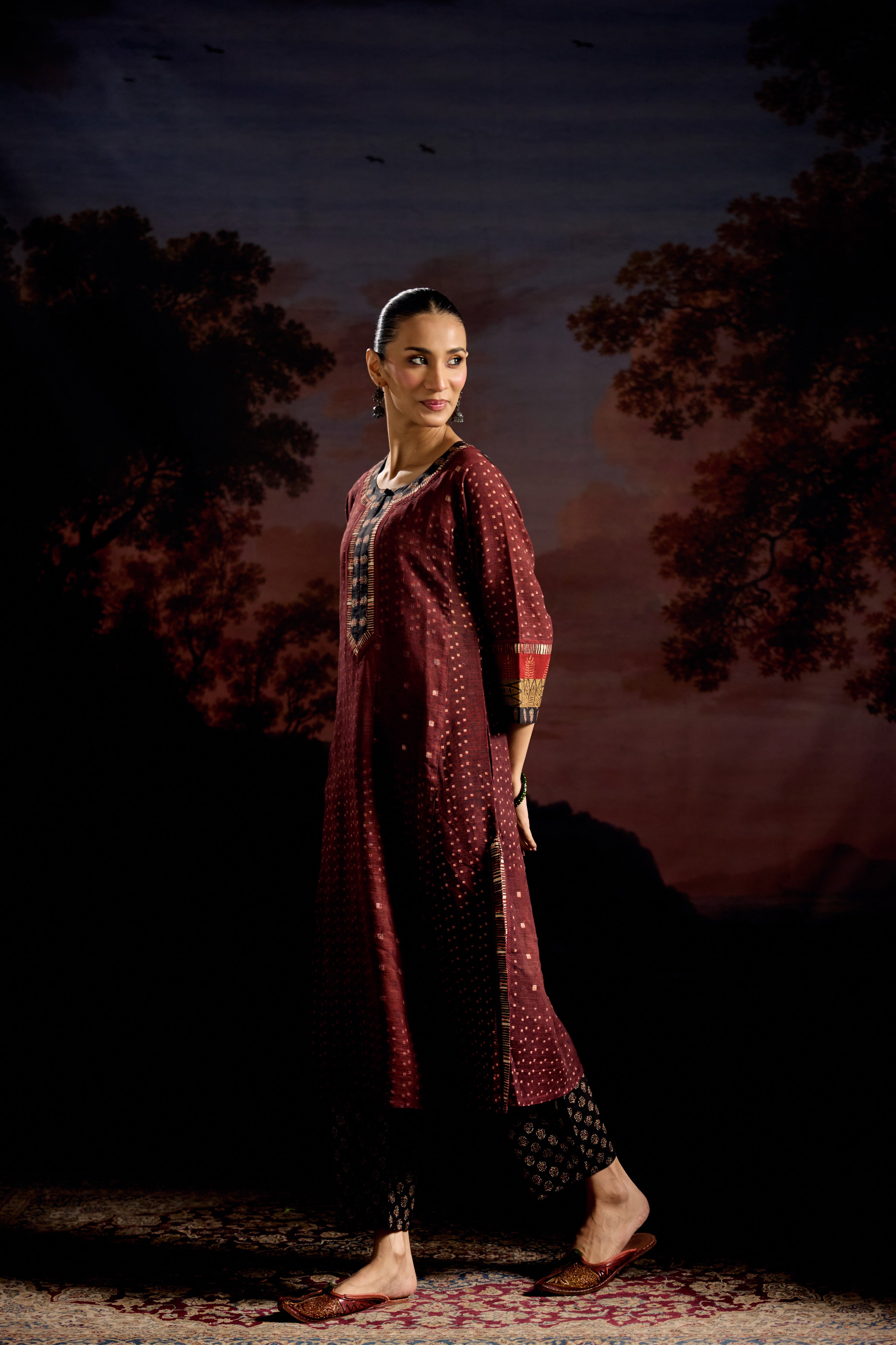 Rozana Woven Thick Cotton Printed Kurta Maroon (Set Of 2)