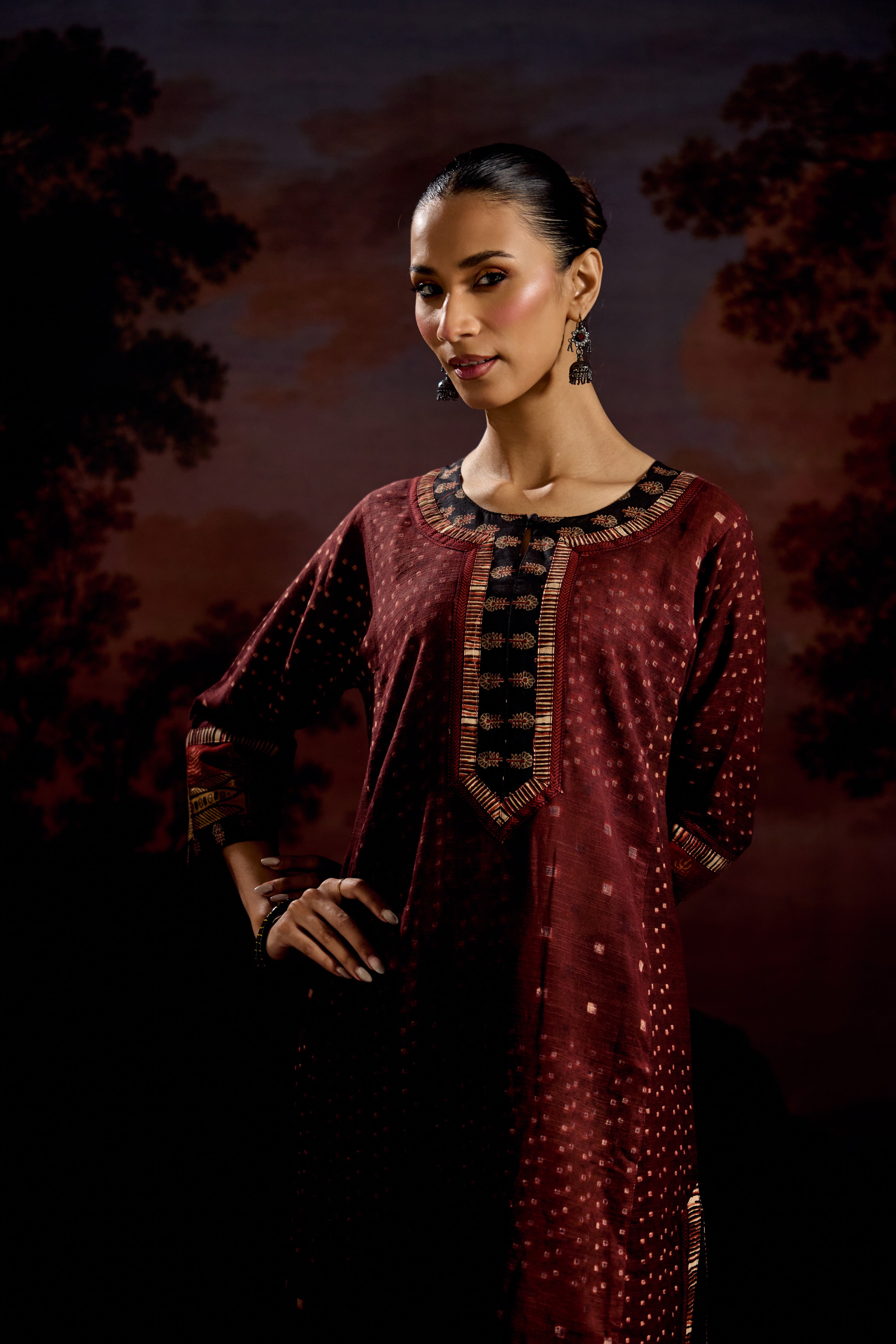 Rozana Woven Thick Cotton Printed Kurta Maroon (Set Of 2)