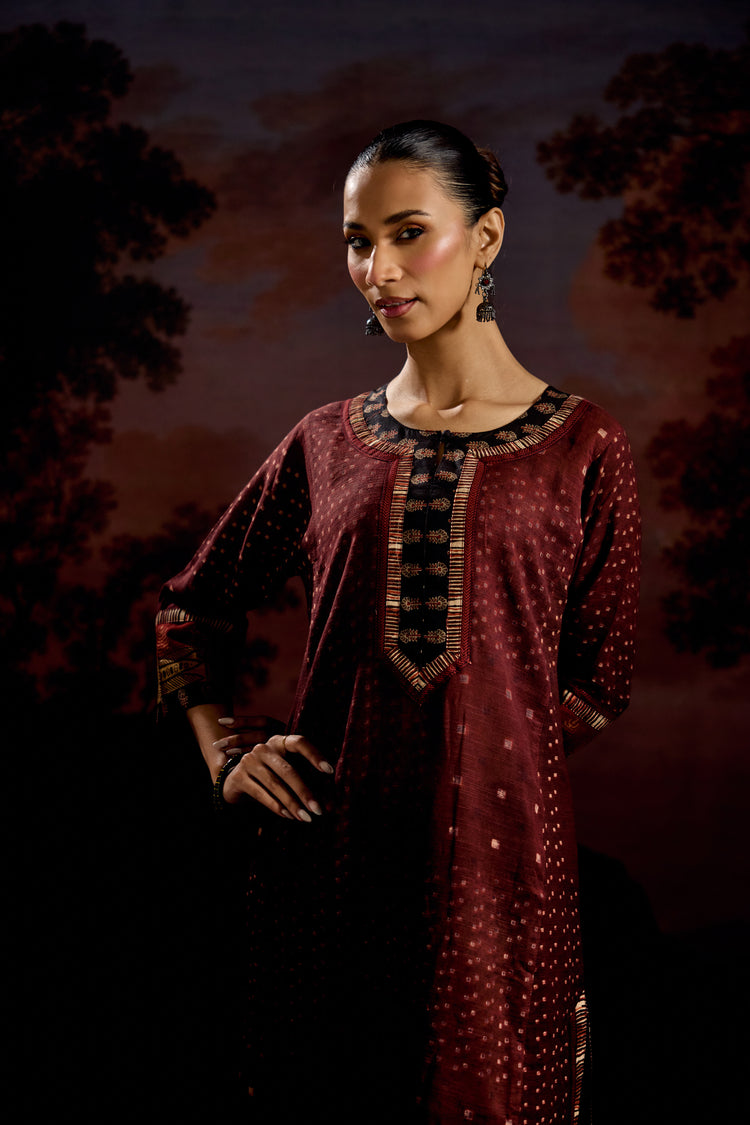 Rozana Woven Thick Cotton Printed Kurta Maroon (Set Of 2)