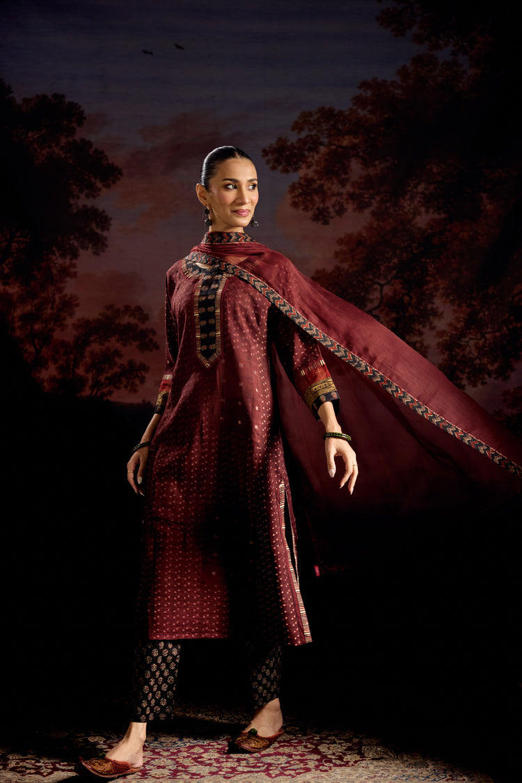 Rozana Woven Thick Cotton Printed Kurta Maroon (Set Of 2)