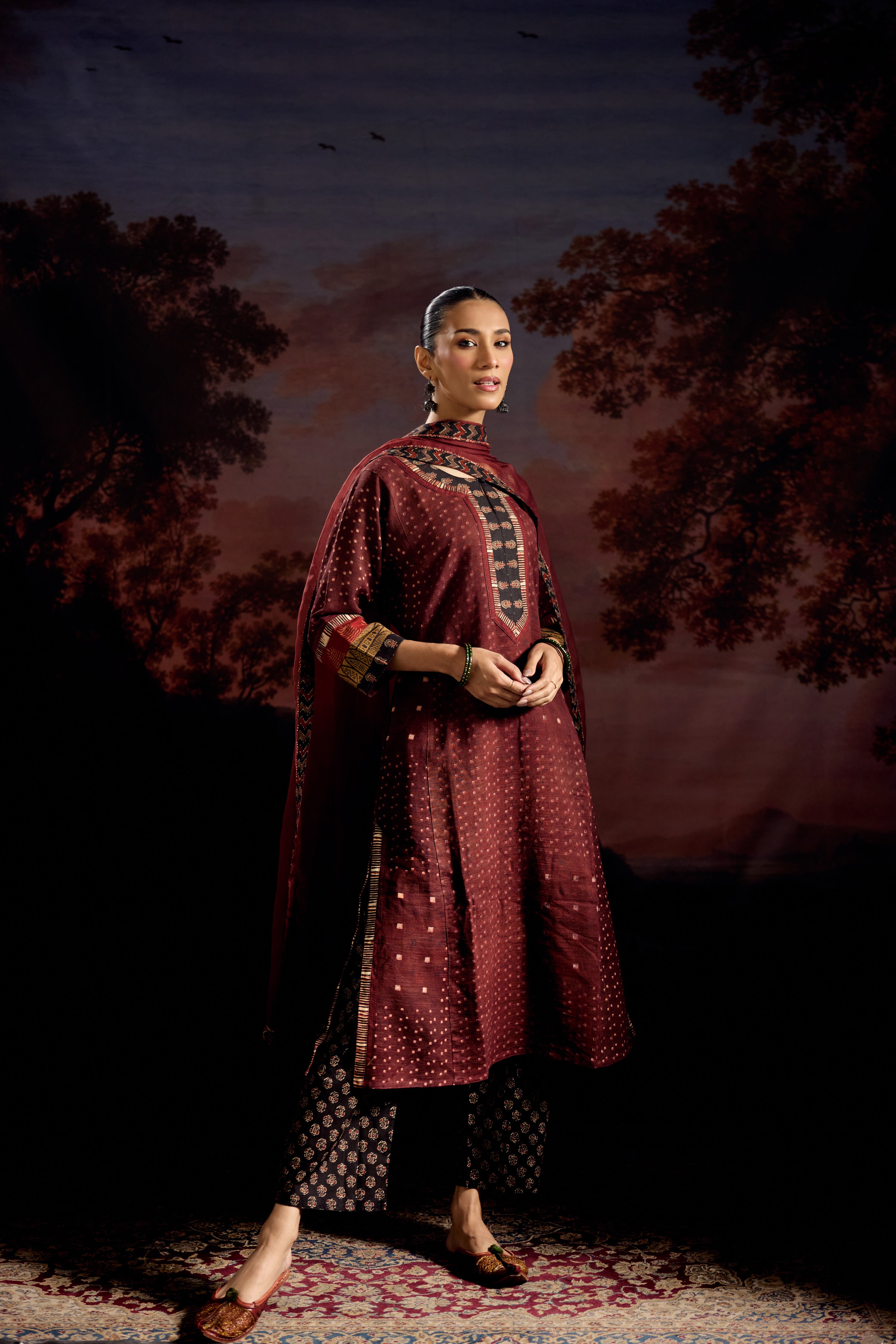 Rozana Woven Thick Cotton Printed Kurta Maroon (Set Of 2)