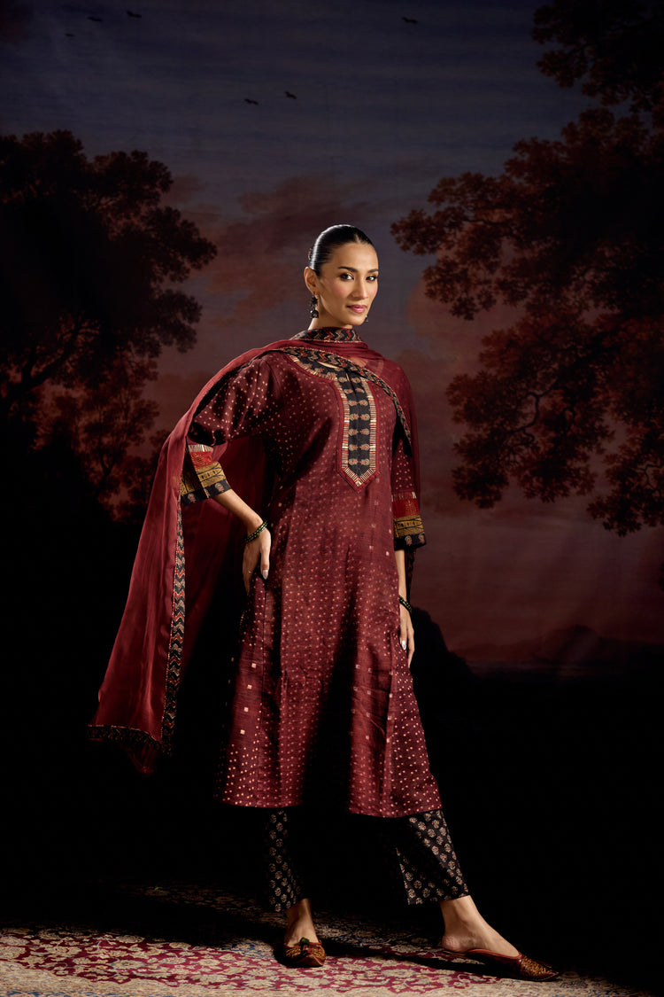 Rozana Woven Thick Cotton Printed Kurta Maroon (Set Of 2)